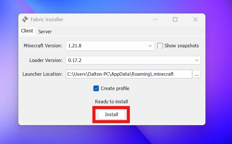Shows the Fabric Loader program with a red rectangle outline around the button that says "Install".