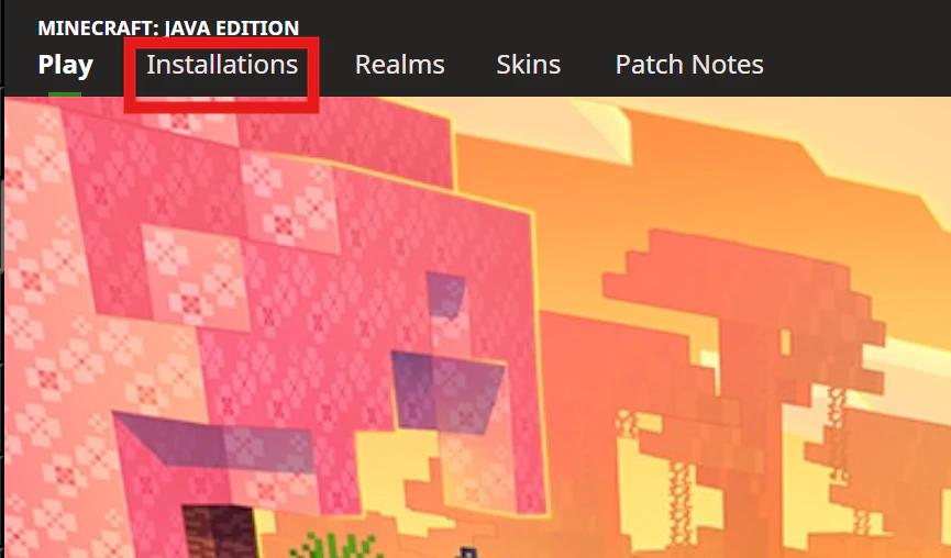 Shows a red rectangle outline around the "Installations" section on the Minecraft launcher.