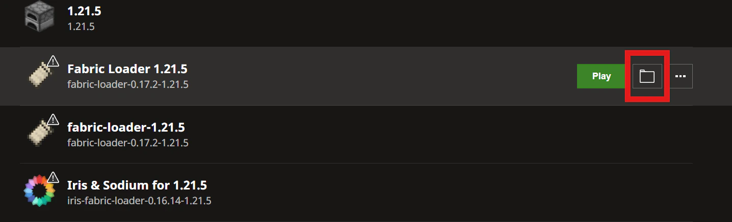 Shows a red rectangle outline around the folder button within the installations section of the Minecraft launcher.