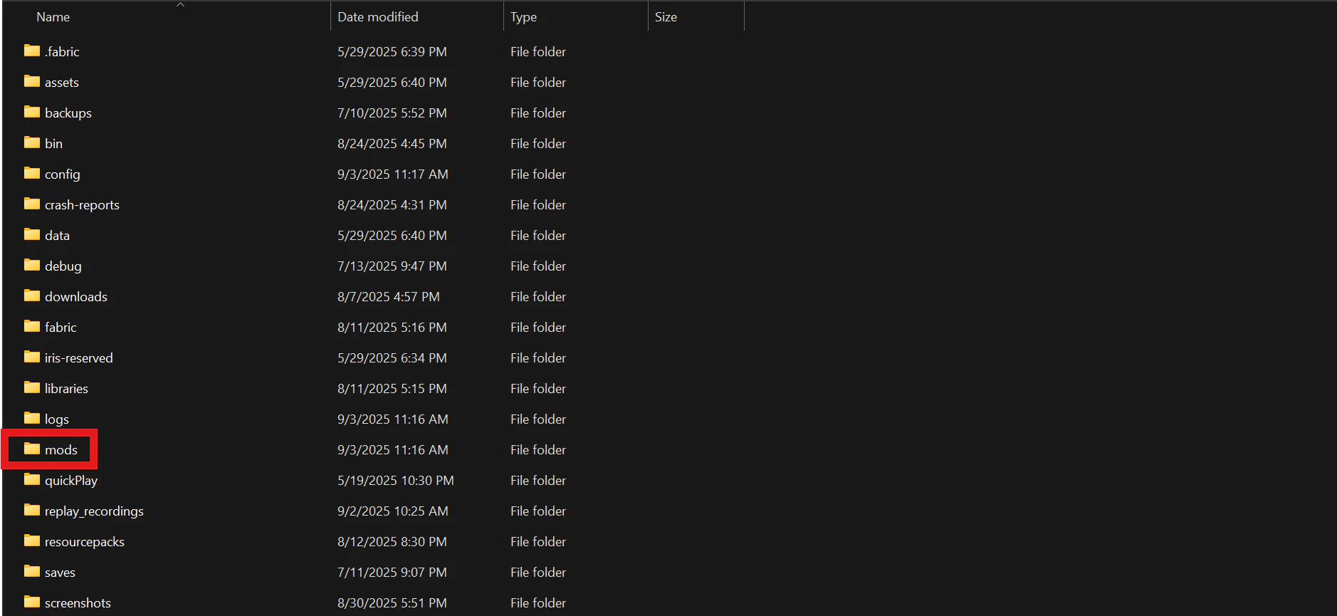 Shows the folder structure within a Minecraft game directory and a red rectangle outline over the "mods" folder.
