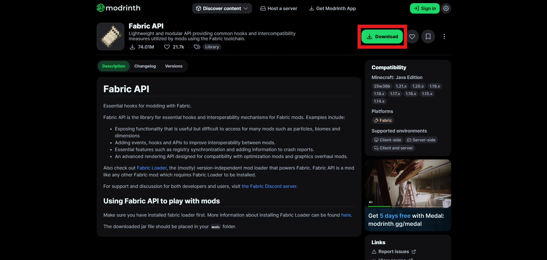 Shows a red rectangle outline over the "Download" button on the Fabric API plugin page on Modrinth.com.