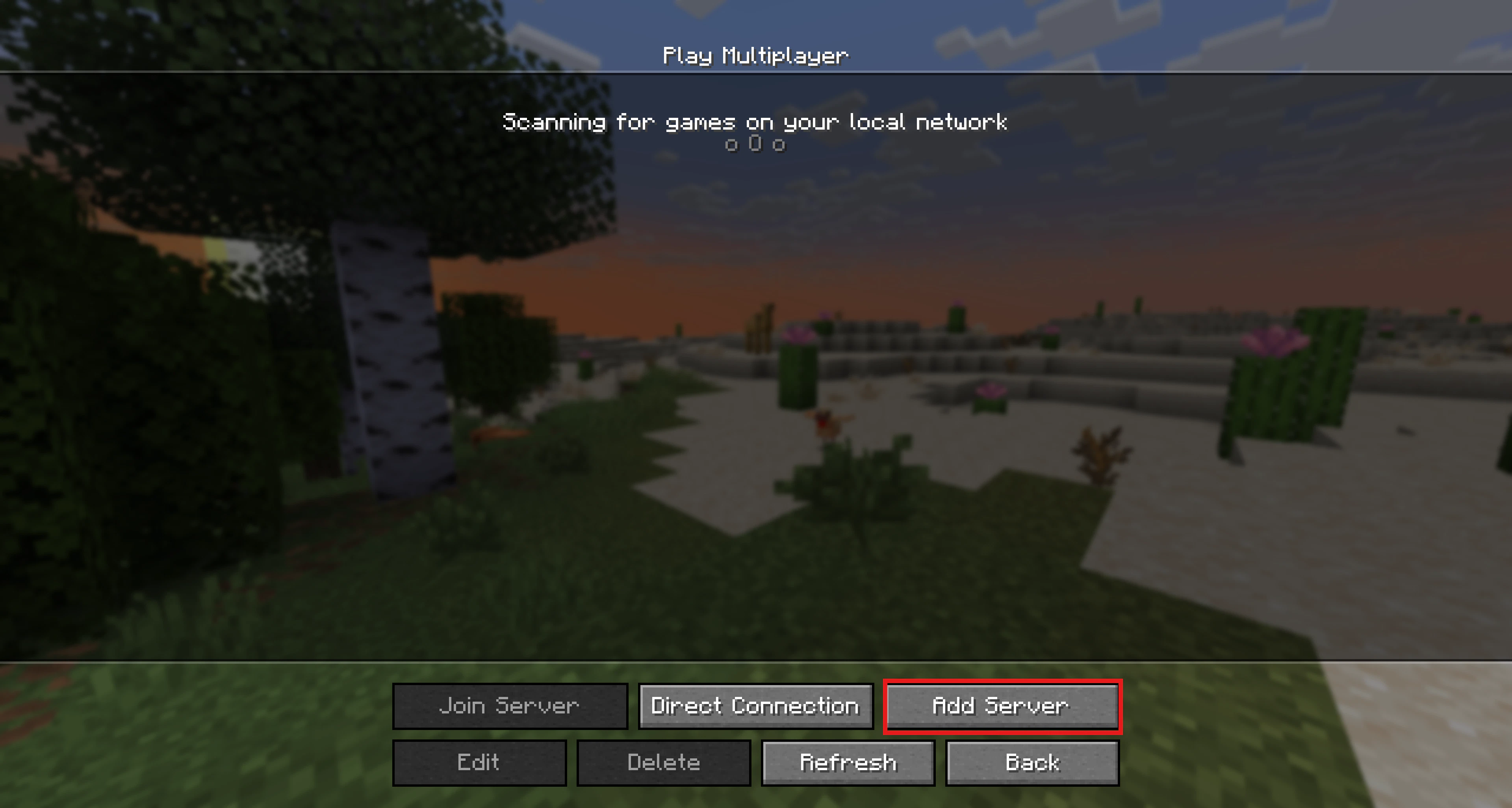 Shows the multiplayer section with a red retangled outline around the "Add Server" button.