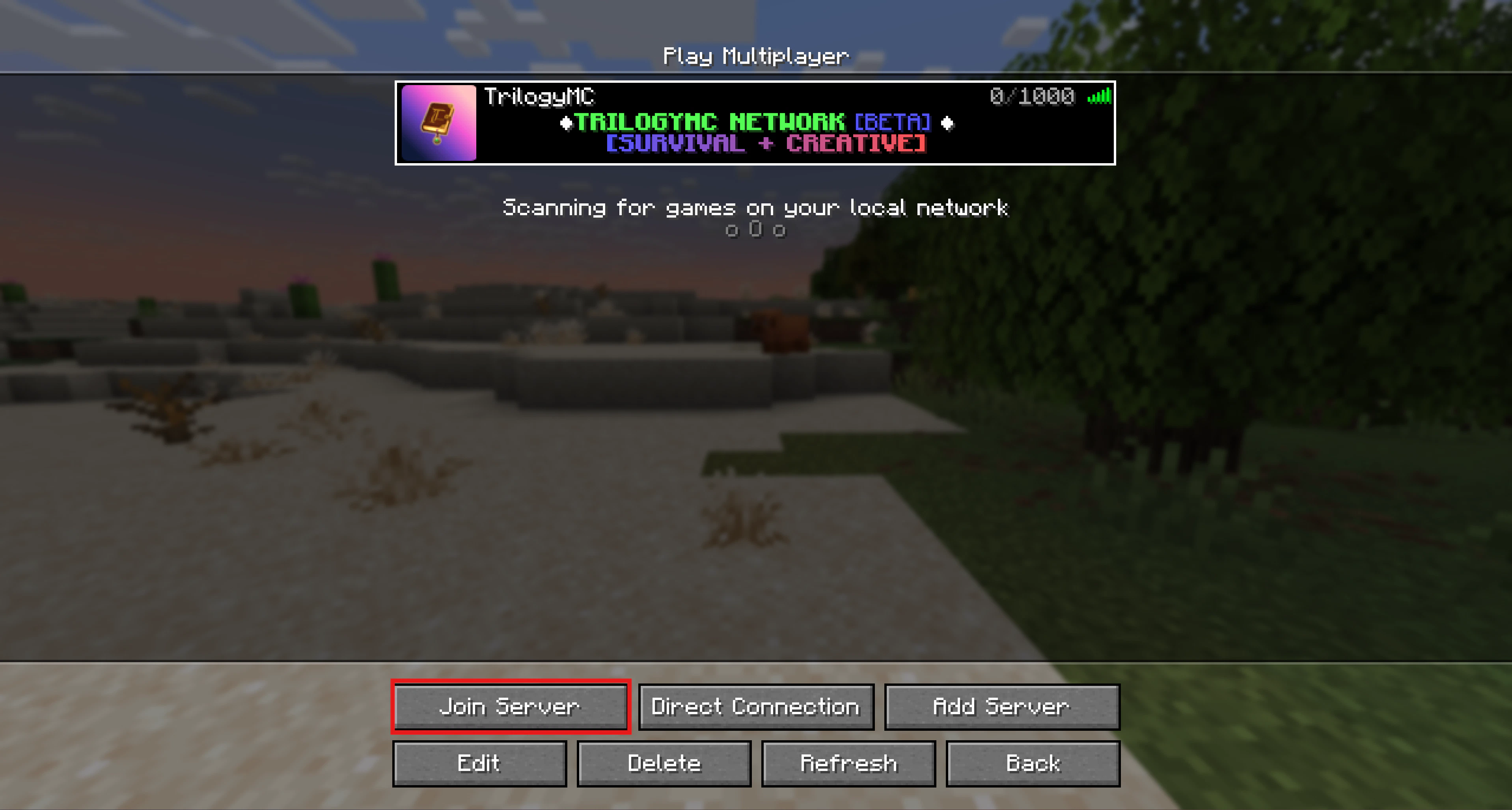 Shows the multiplayer section with a red retangled outline around the "Join Server" button.