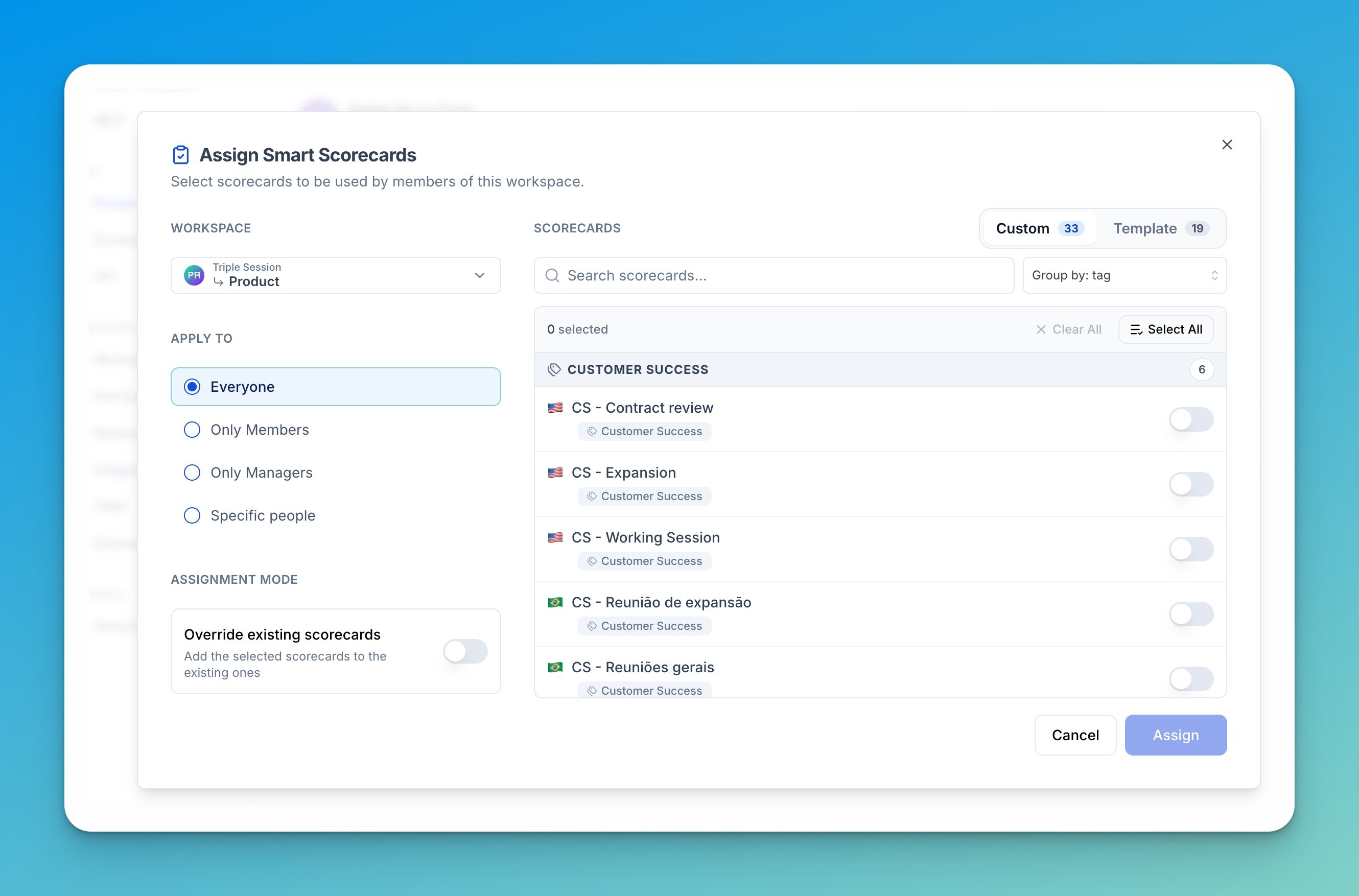 Assign Smart Scorecards modal with a workspace selector, Apply to audience options, and the scorecard list