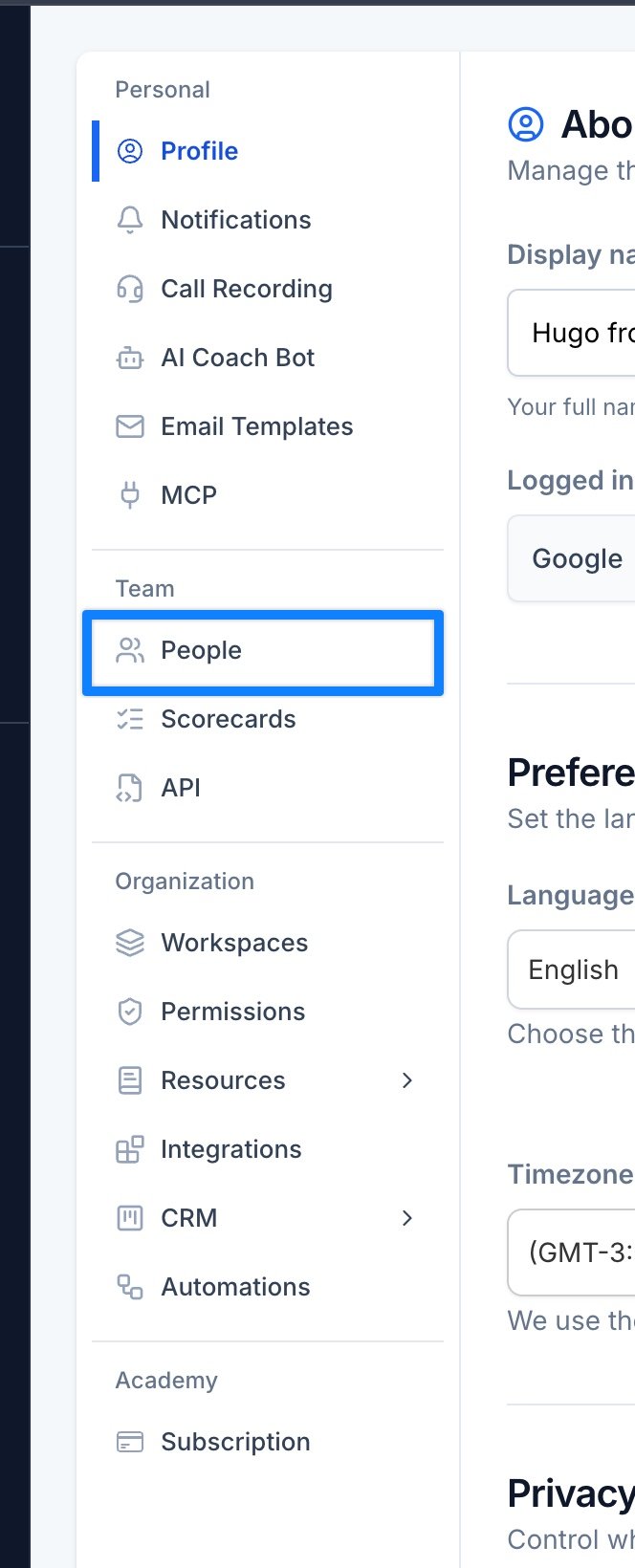 Settings sidebar with People highlighted under the Team section