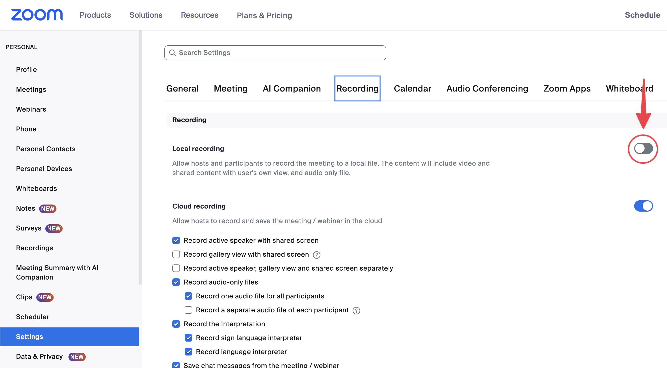 Zoom local recording setting disabled — turn this on