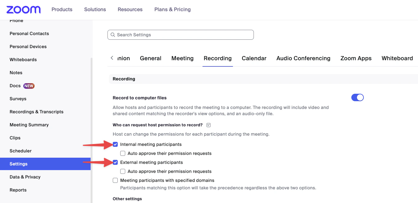 Zoom recording settings showing internal and external participant options