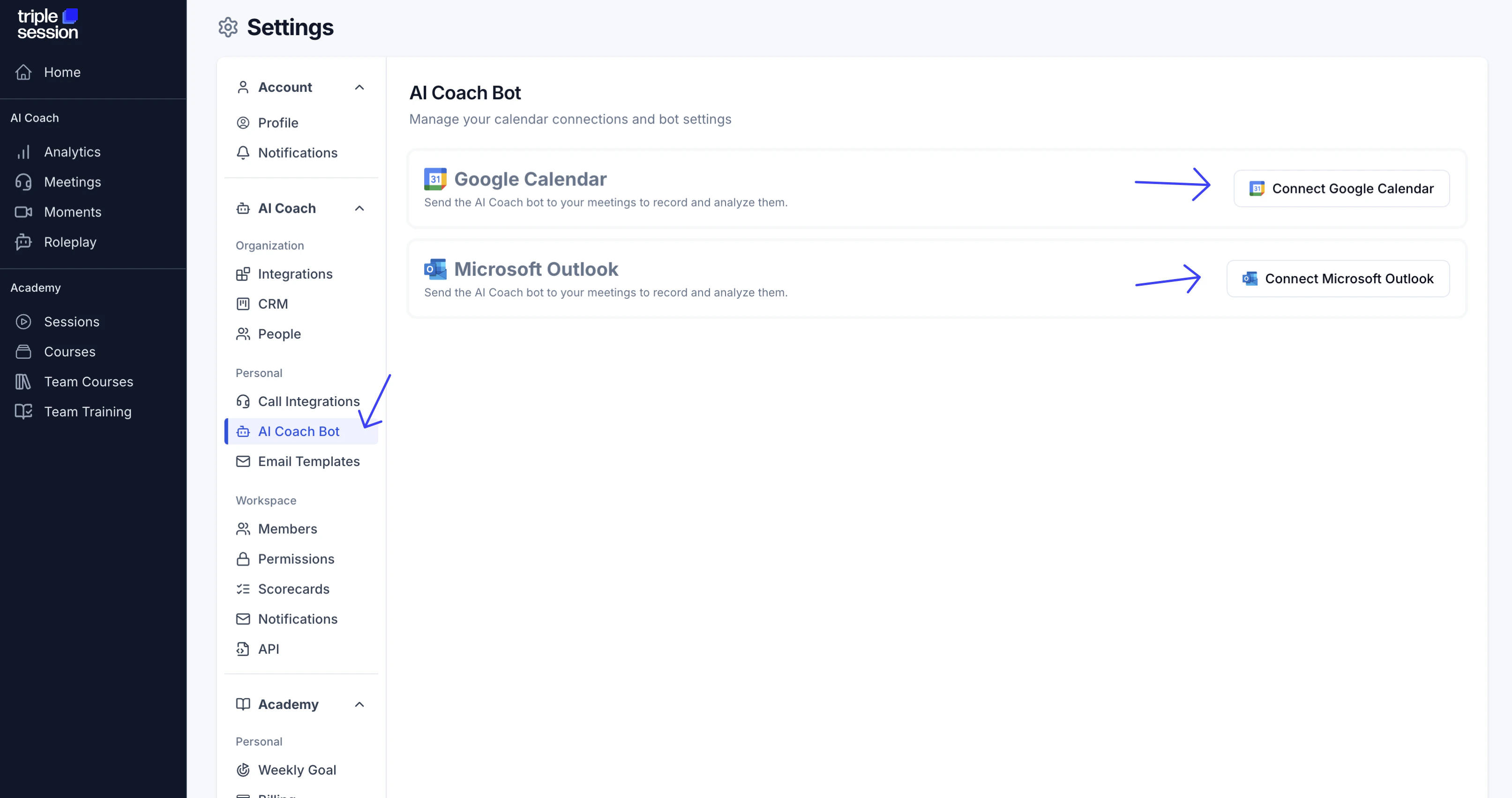Calendar connection options for Google and Outlook