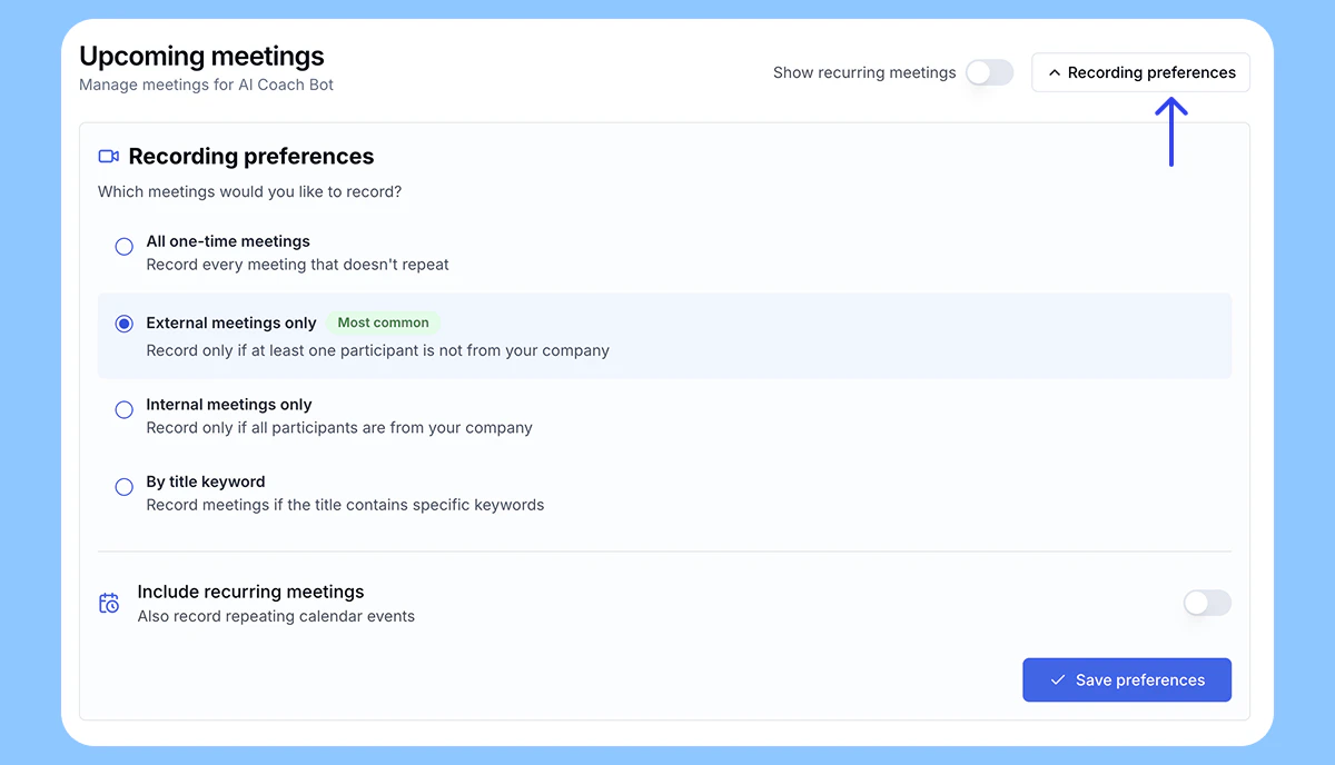 Recording preference selection interface