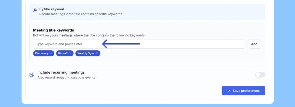 Entering keywords in the Meeting title keywords field