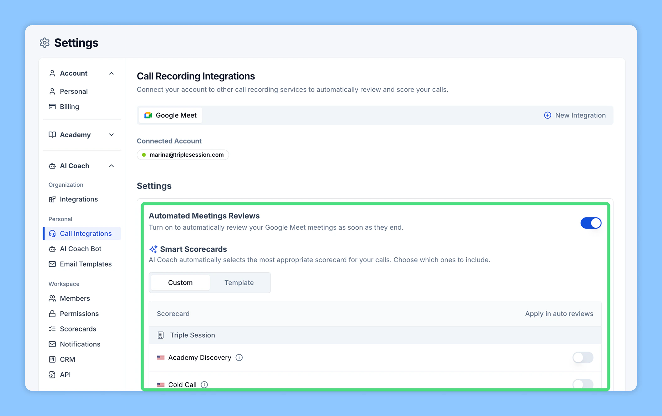 Automated Reviews enabled in AI Coach settings