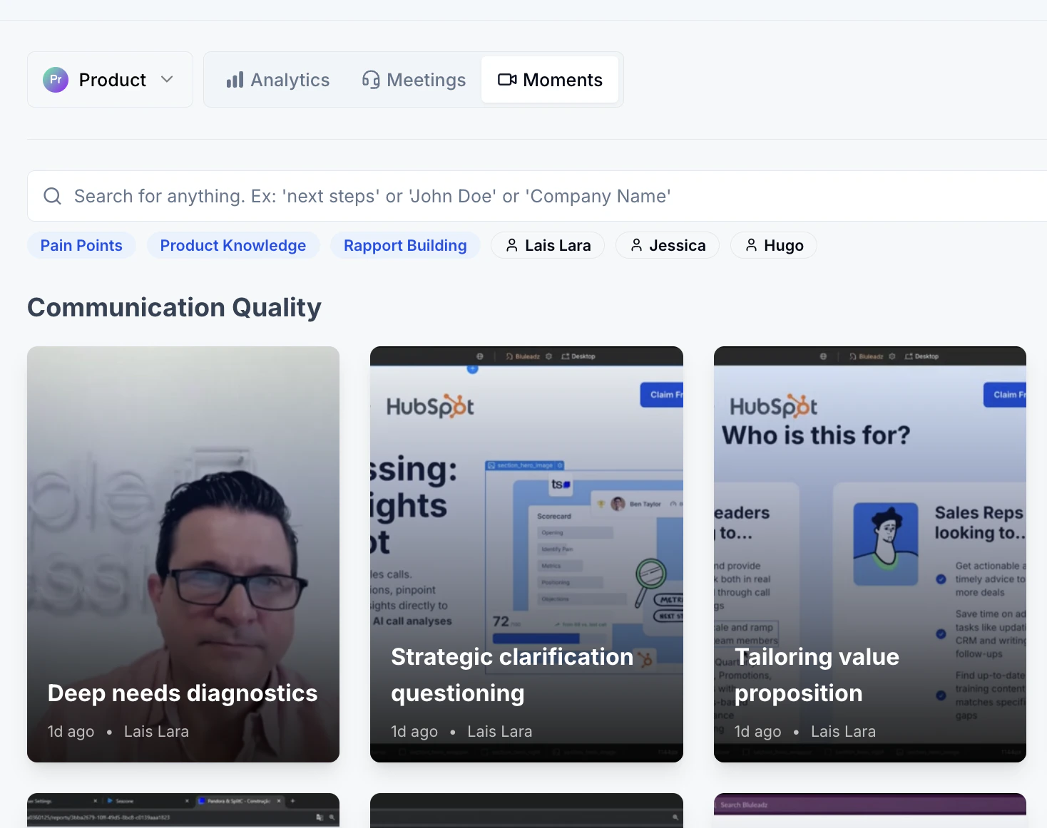 AI Coach interface showing extracted Moments from a sales call