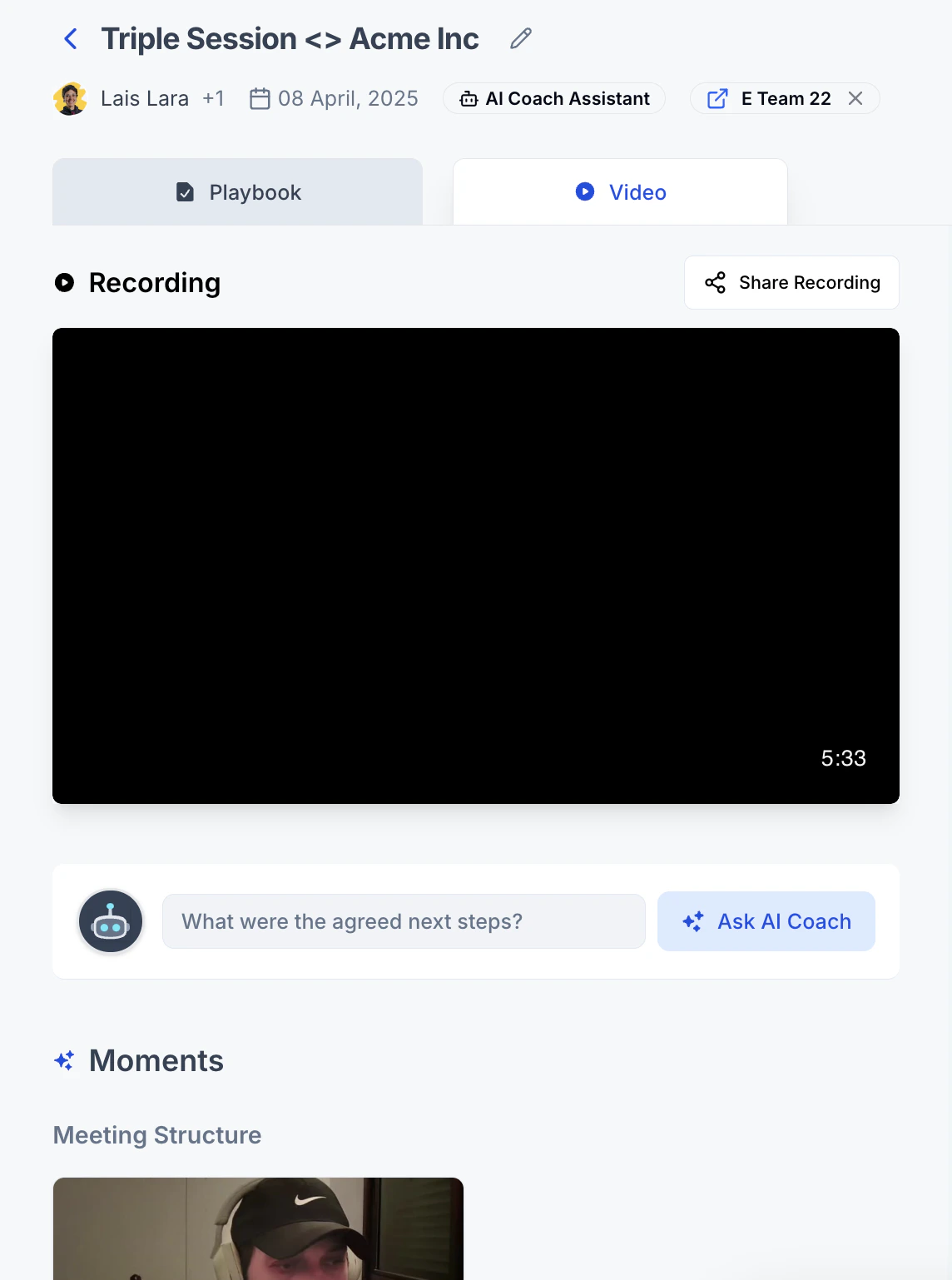Video tab in a call report showing Moments alongside the recording