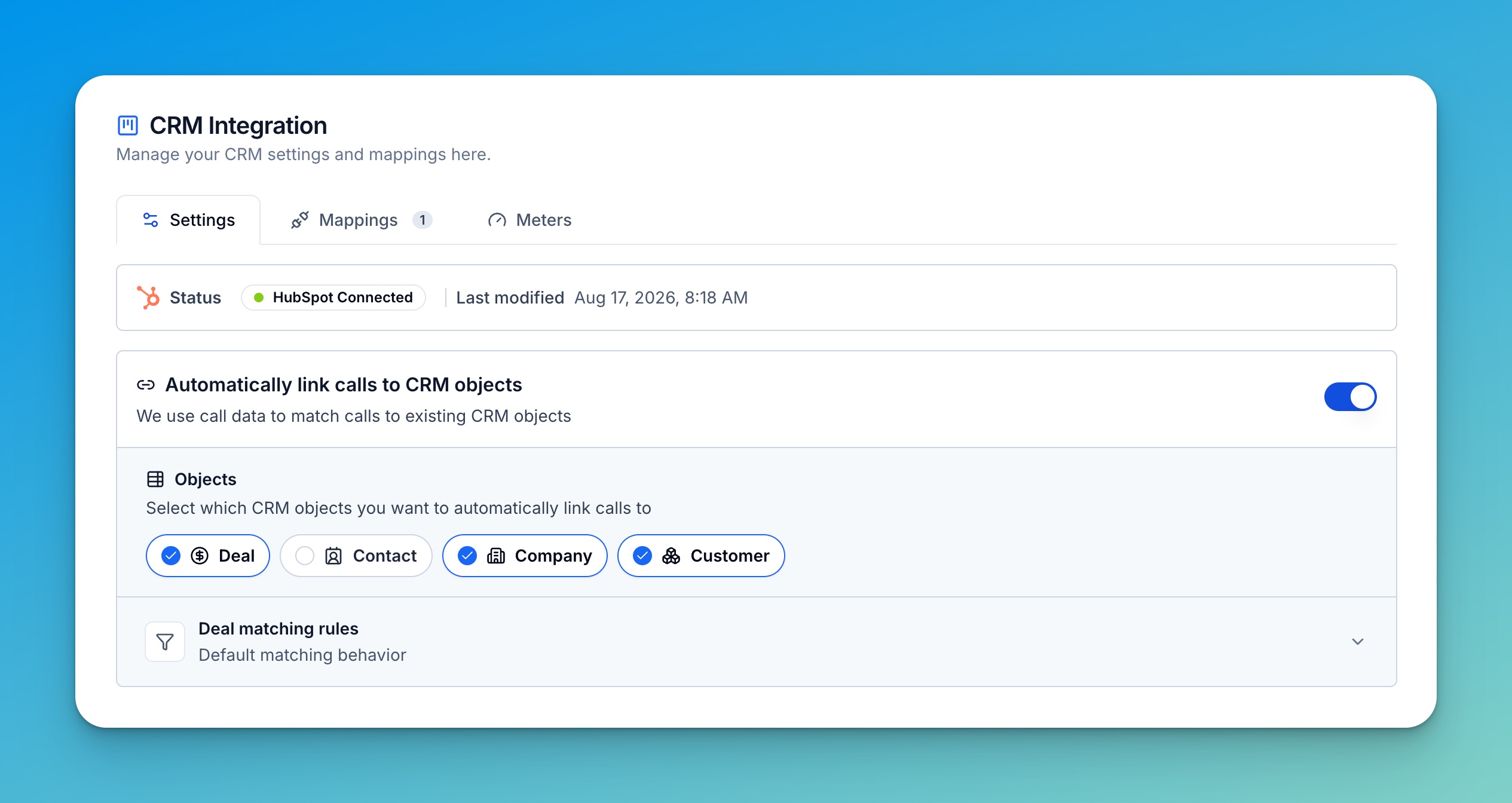 CRM settings with Deal, Company, and a Customer custom object selected for automatic call linking