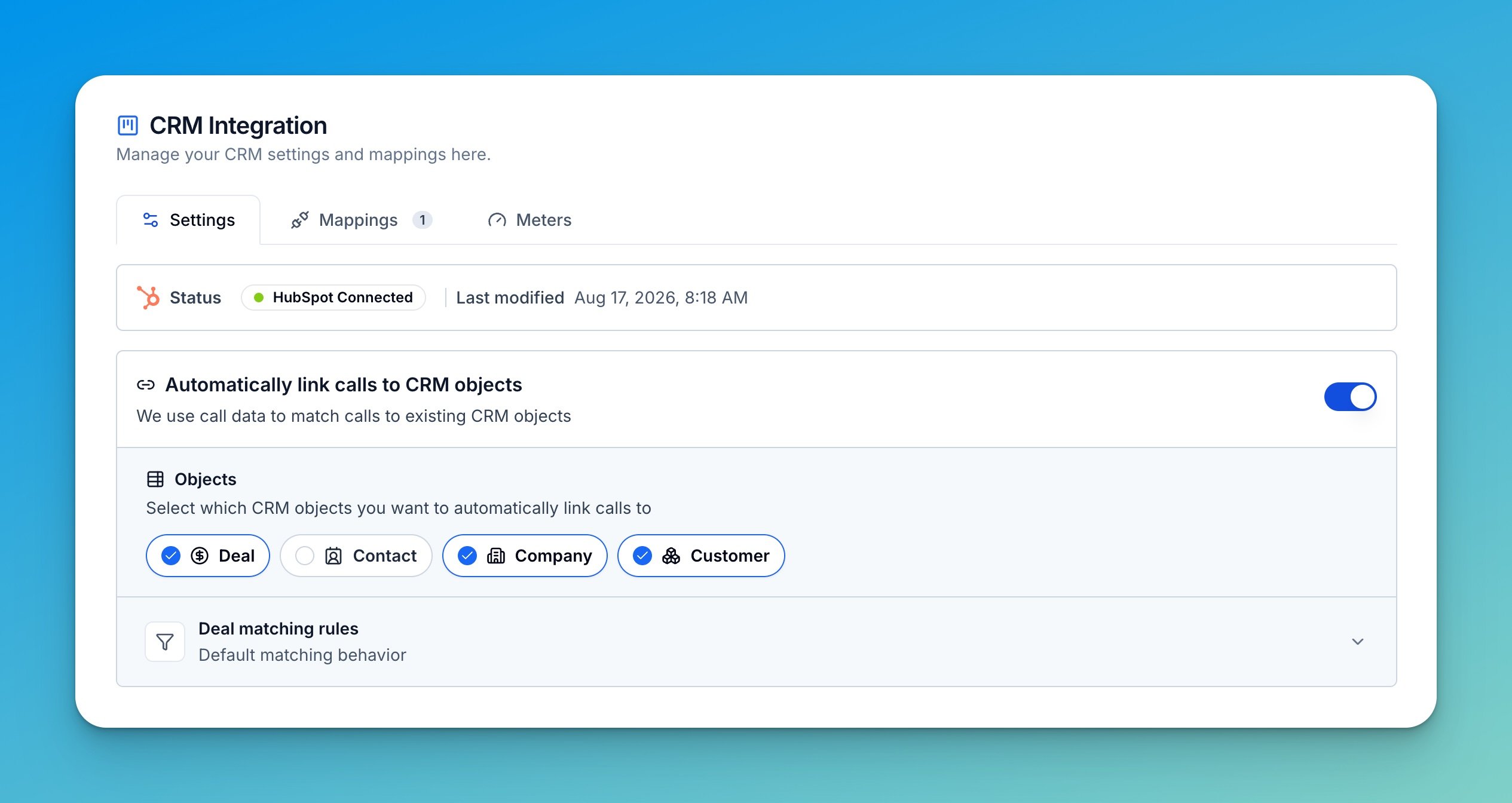 CRM settings with Deal, Company, and a Customer custom object selected for automatic call linking