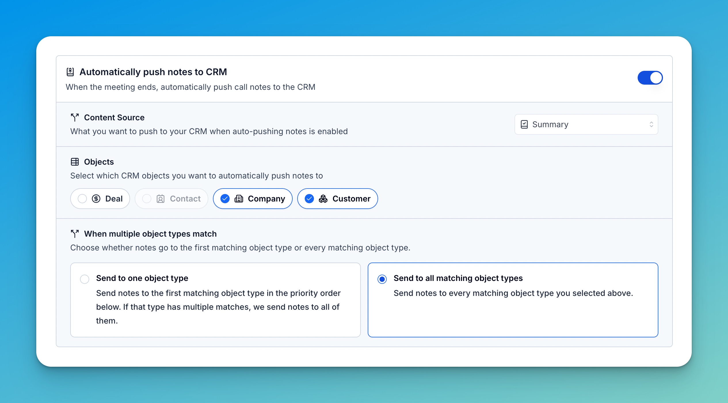 Automatic CRM note settings with Company and Customer selected and all matching object types enabled