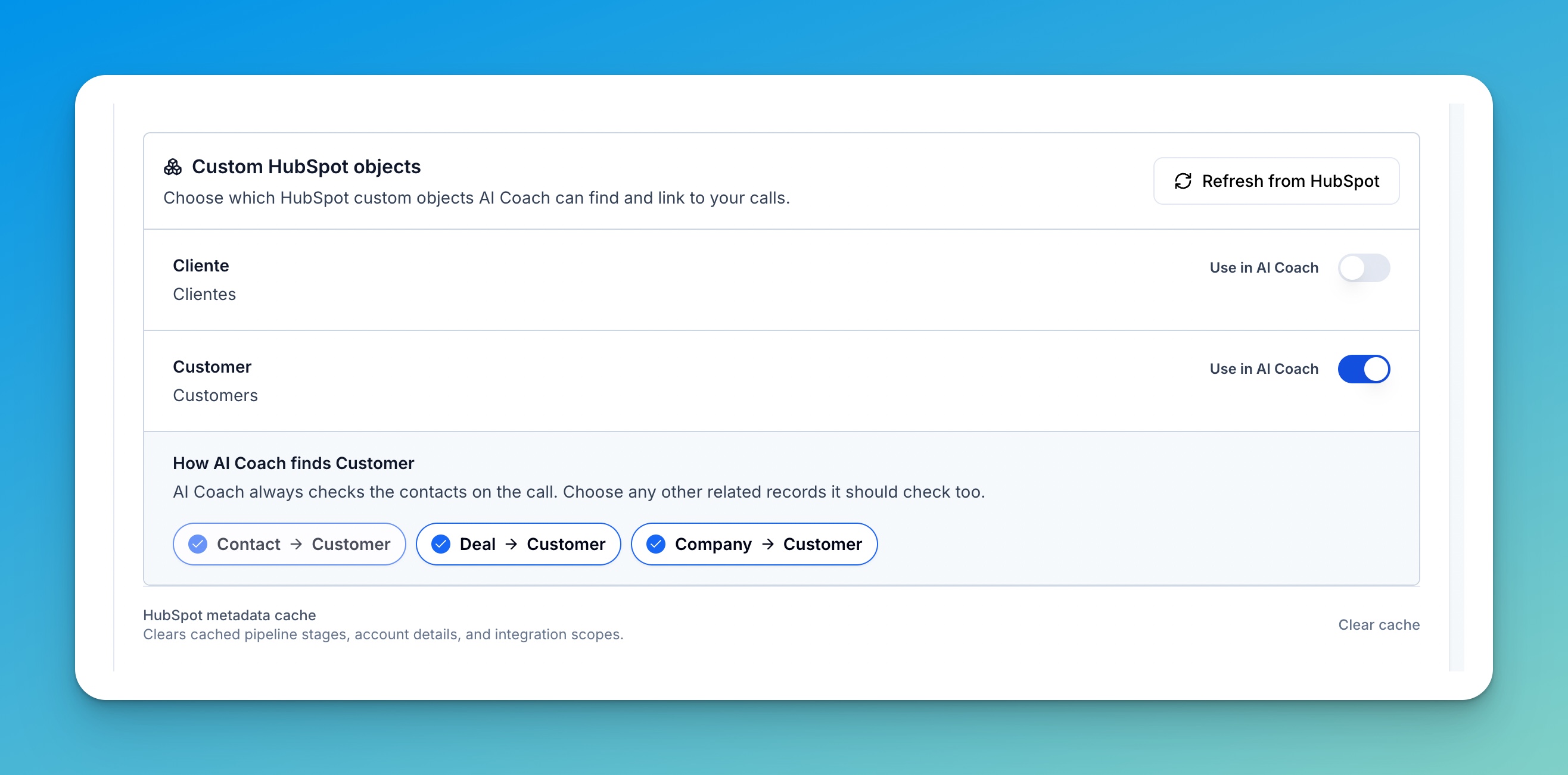 Custom HubSpot object enabled in AI Coach with Contact, Deal, and Company matching paths selected