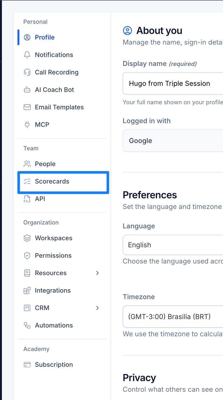 Settings sidebar with Scorecards highlighted under the Team section