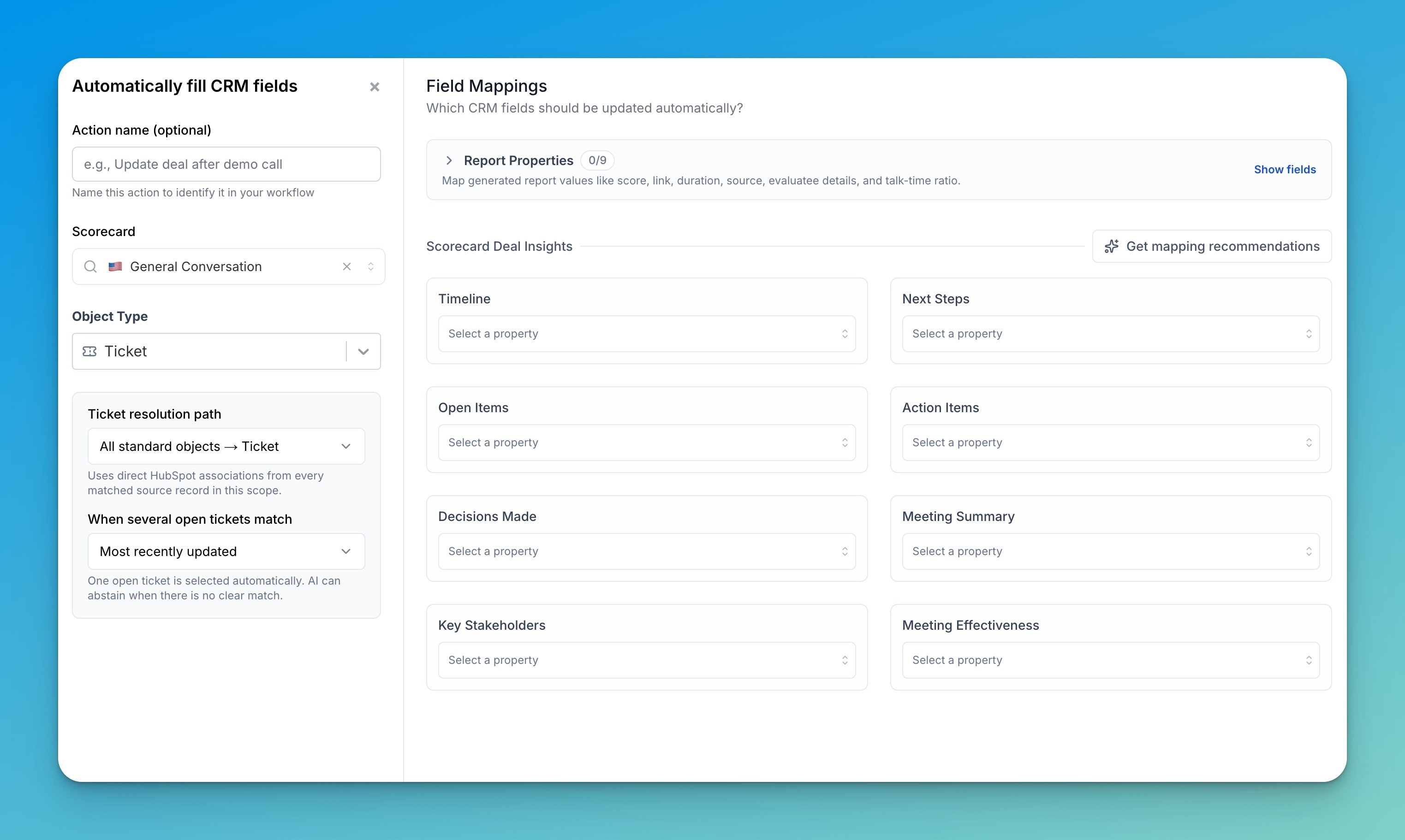 Selecting Ticket as the object type in Update CRM and mapping fields to ticket properties
