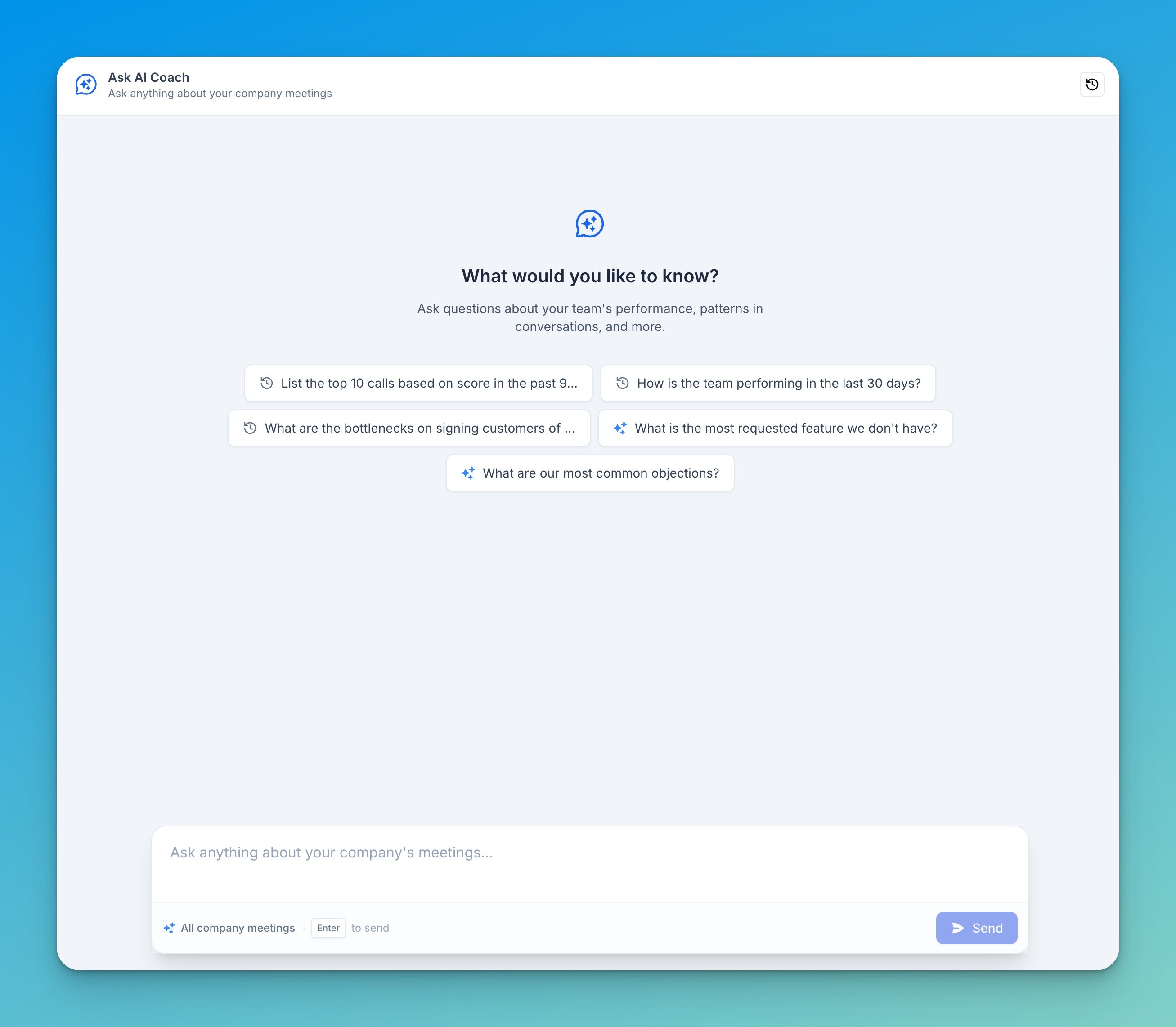 Company AI Chat empty state: ask anything about your company's meetings, with suggested questions and chat history