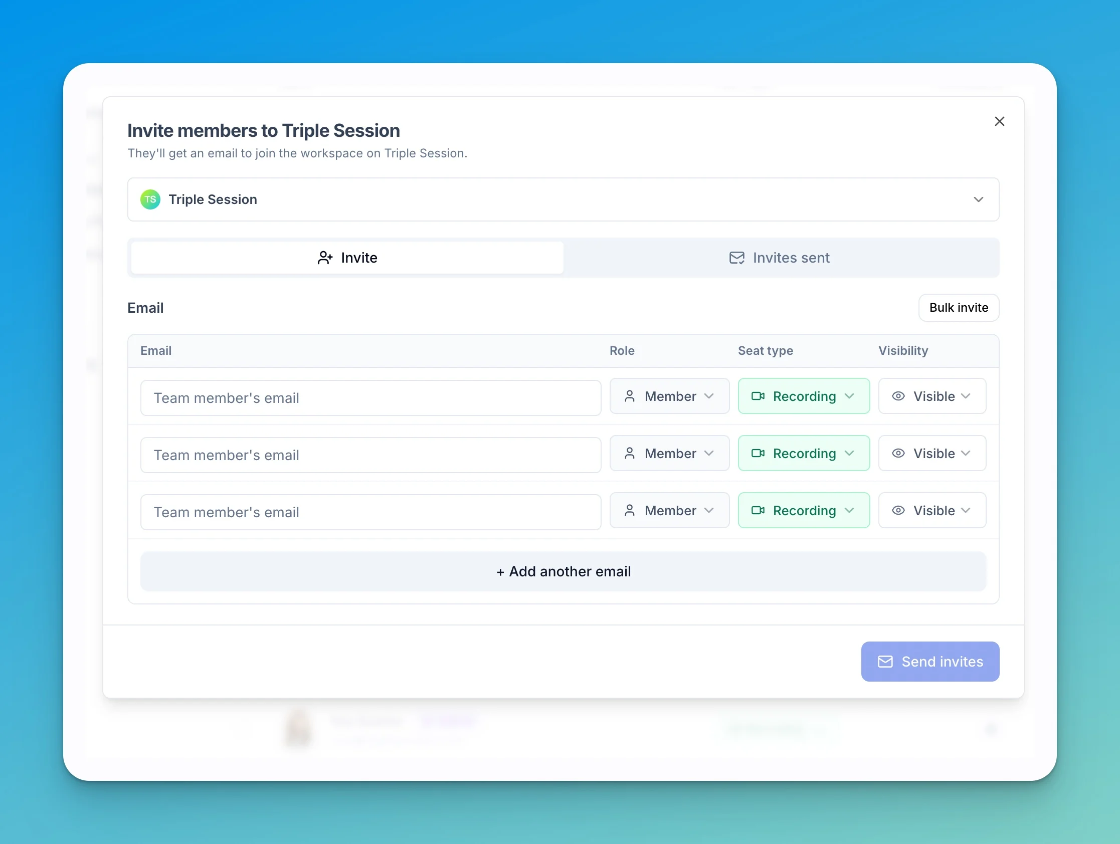Invite members dialog showing per-invitee Role, Seat type, and Visibility controls