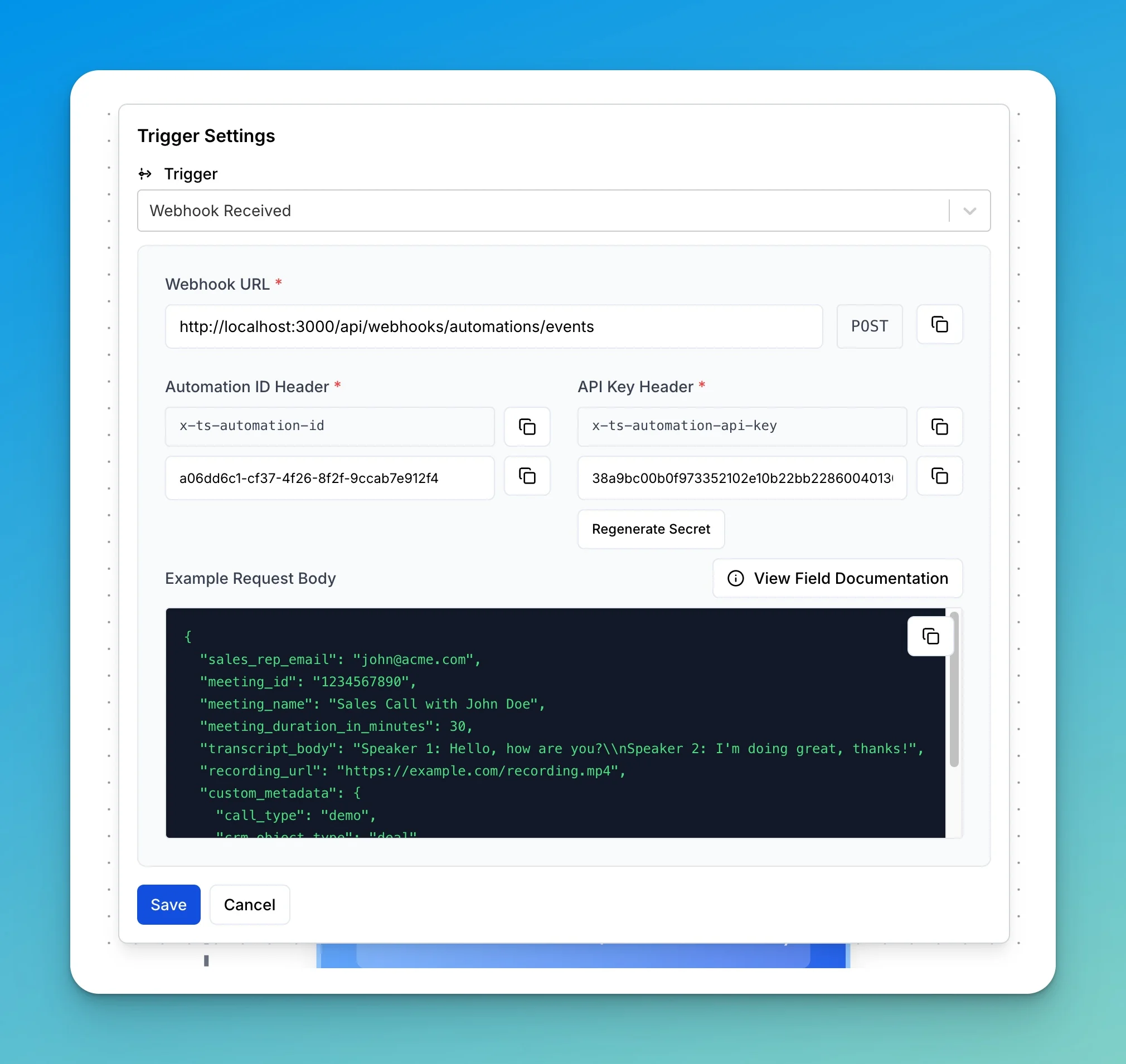 Webhook trigger settings with credentials and example request body