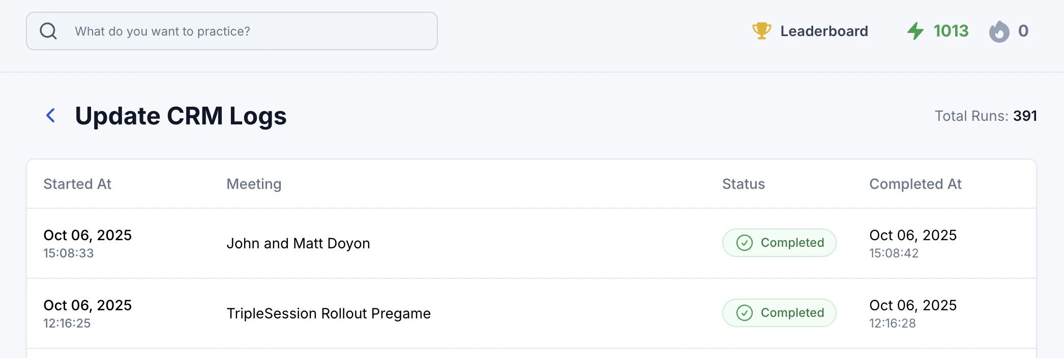 Automation logs showing execution history and status