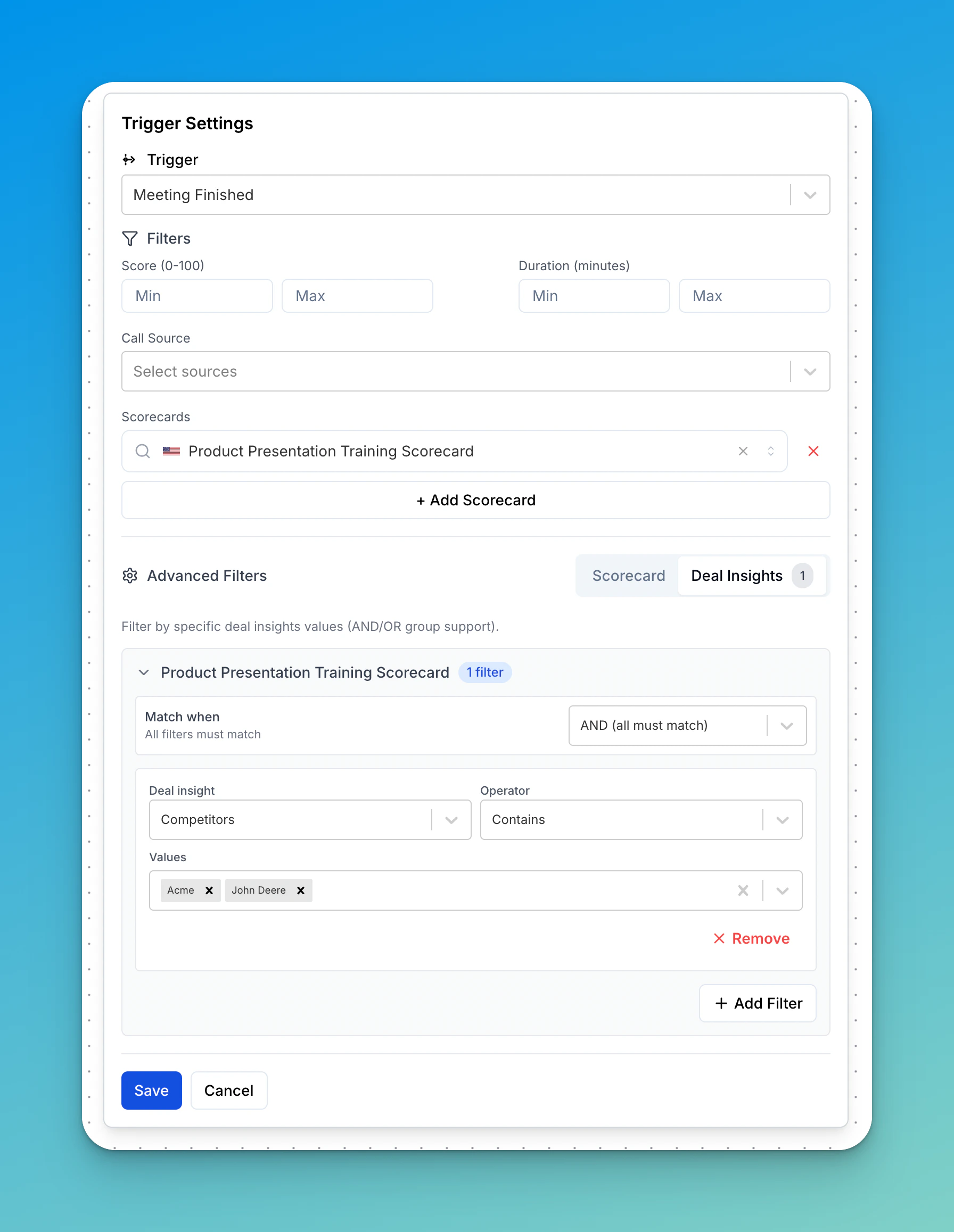 Configuring deal insight filters with AND/OR logic and keyword matching