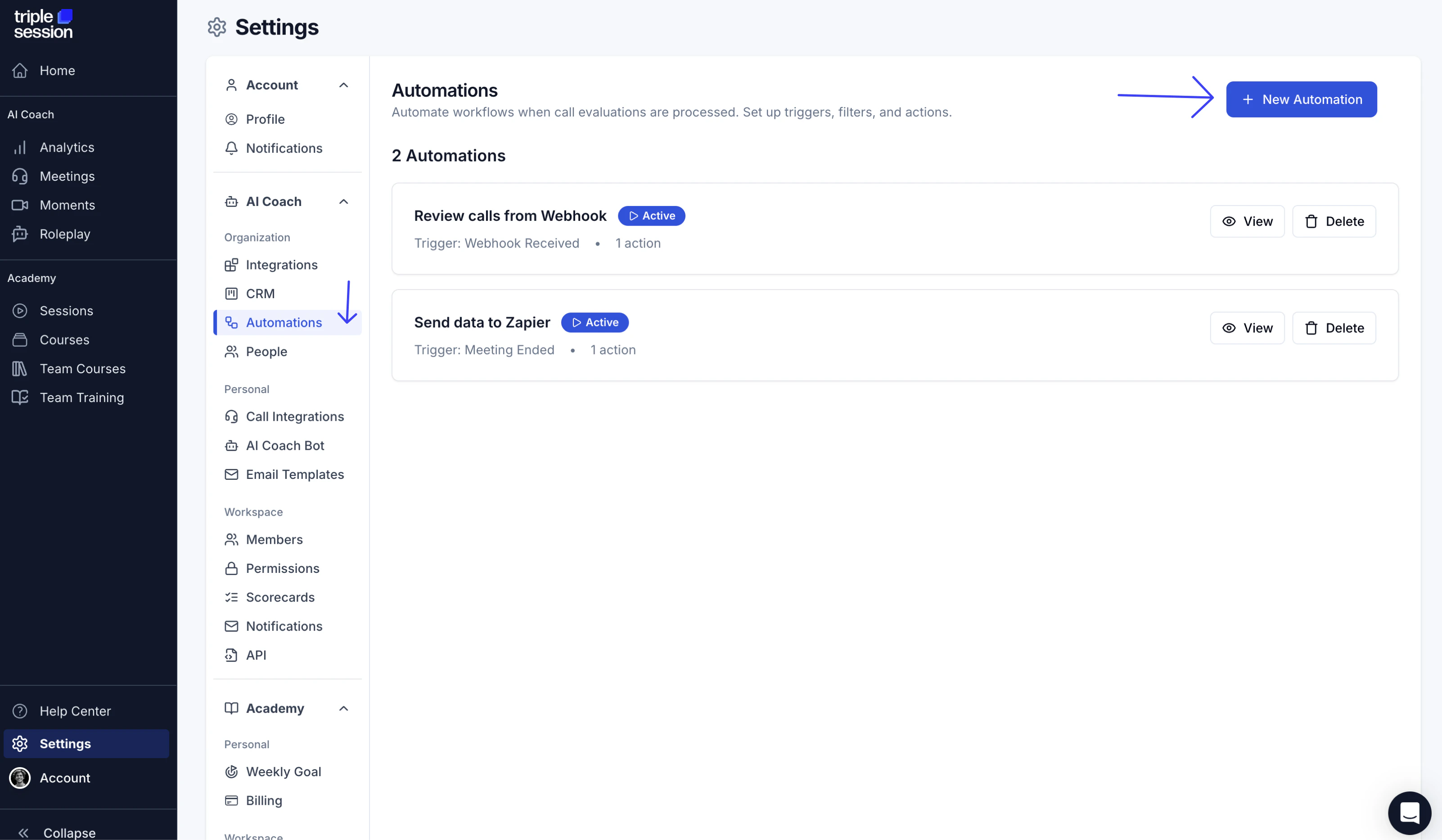 Webhook setup in Settings > Integrations