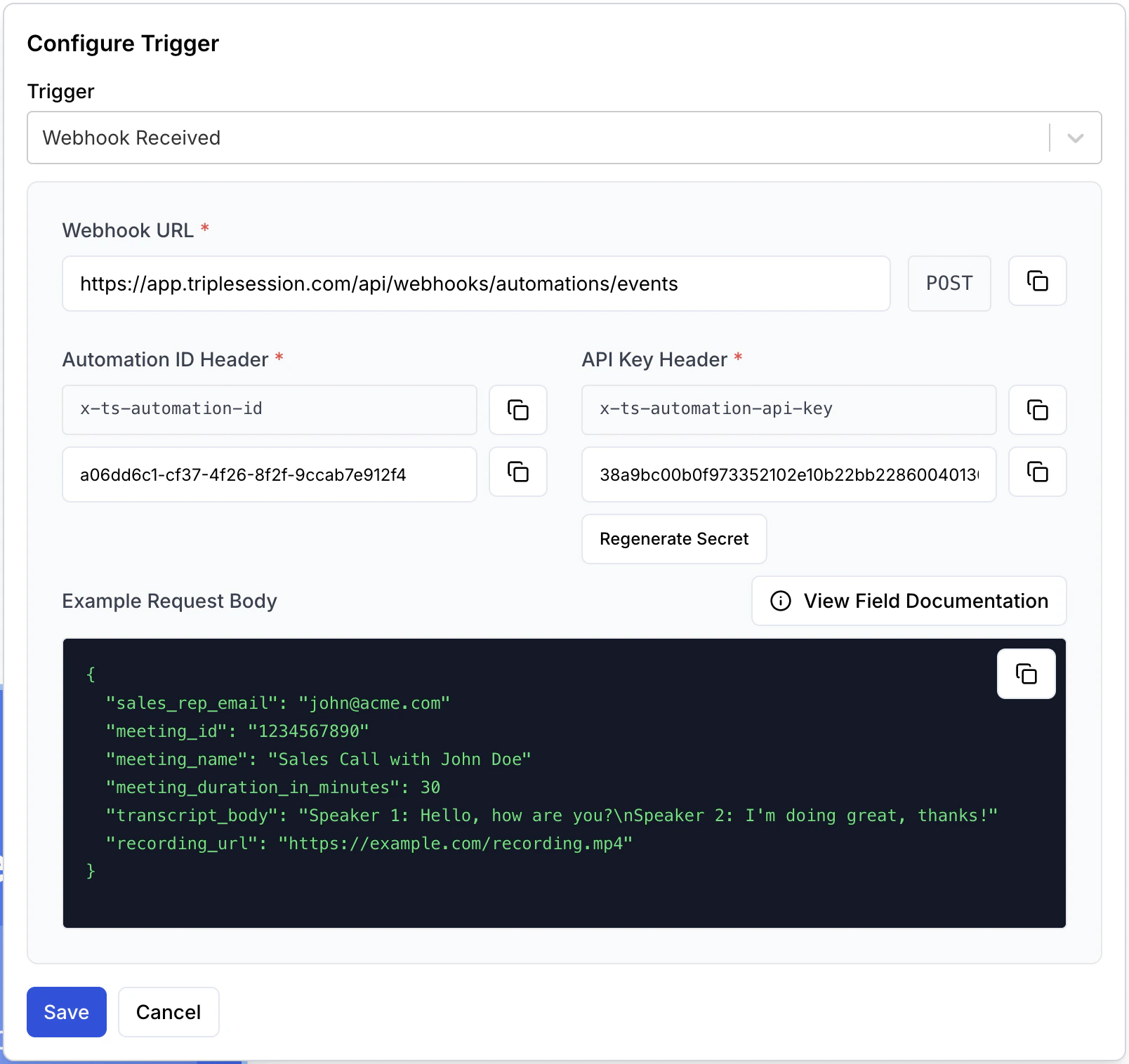 Webhook credentials: URL, Automation ID, and API Key