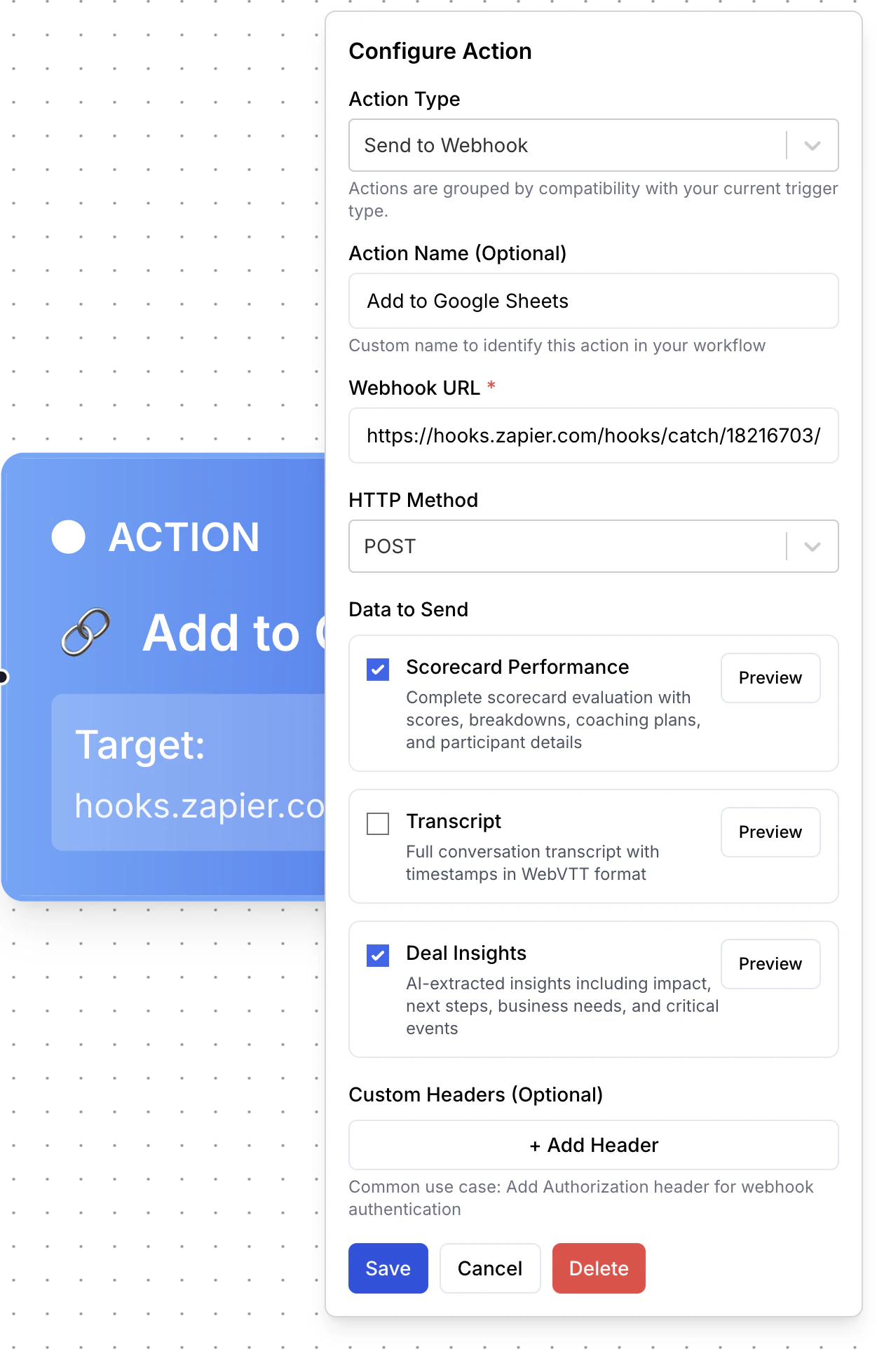 Connecting the webhook to Google Sheets in Zapier