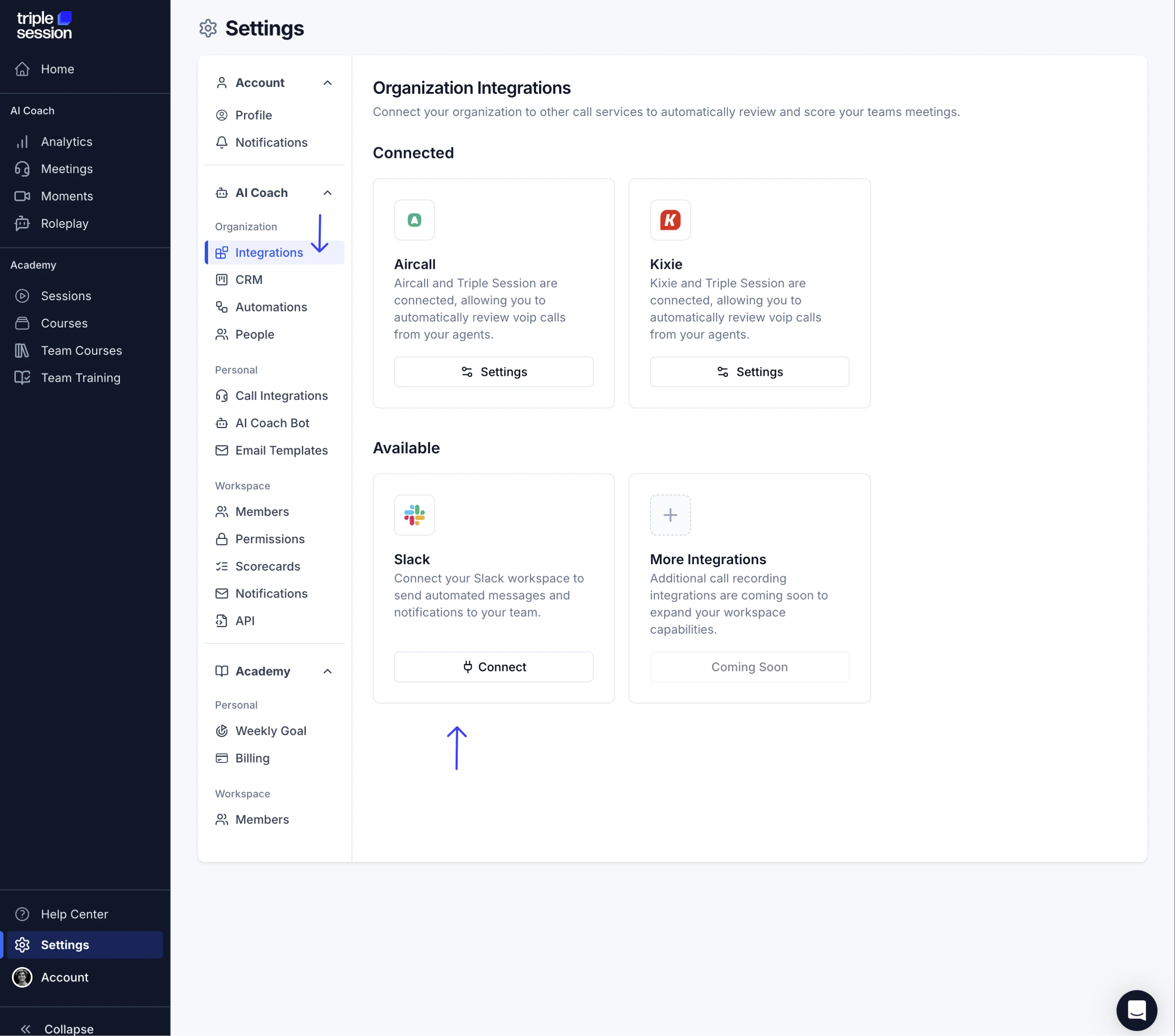 Slack integration settings page