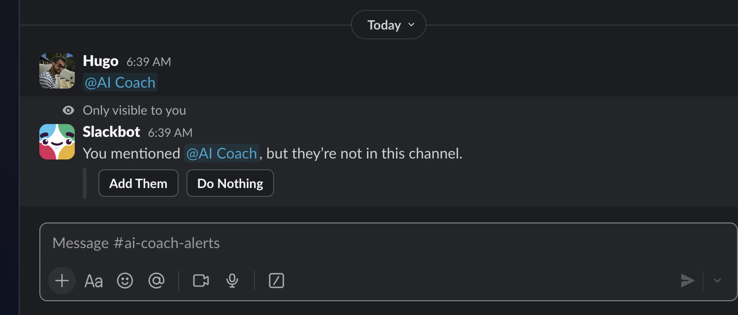 Inviting the AI Coach app to a Slack channel