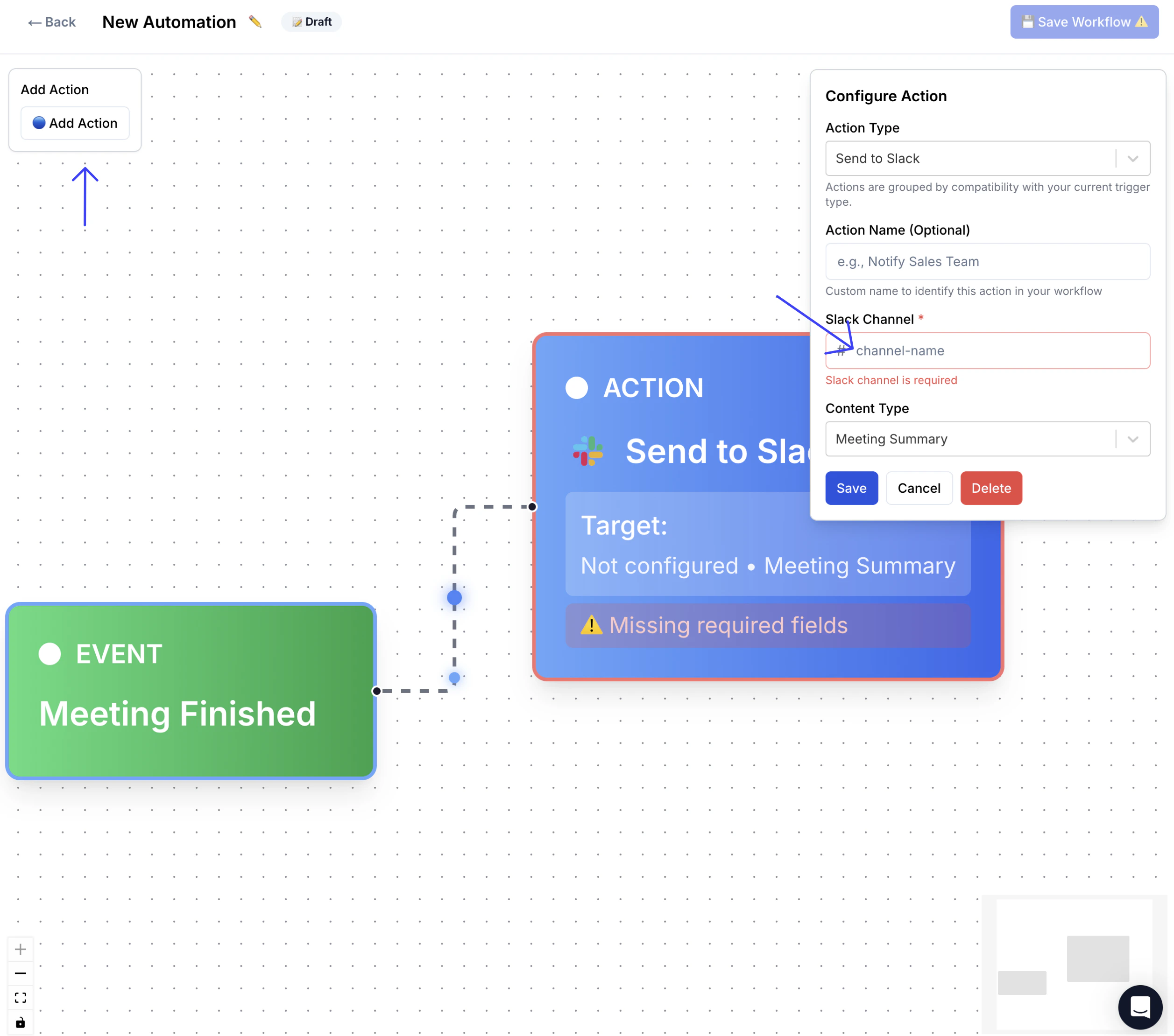 Configuring the Meeting Finished trigger and Slack action