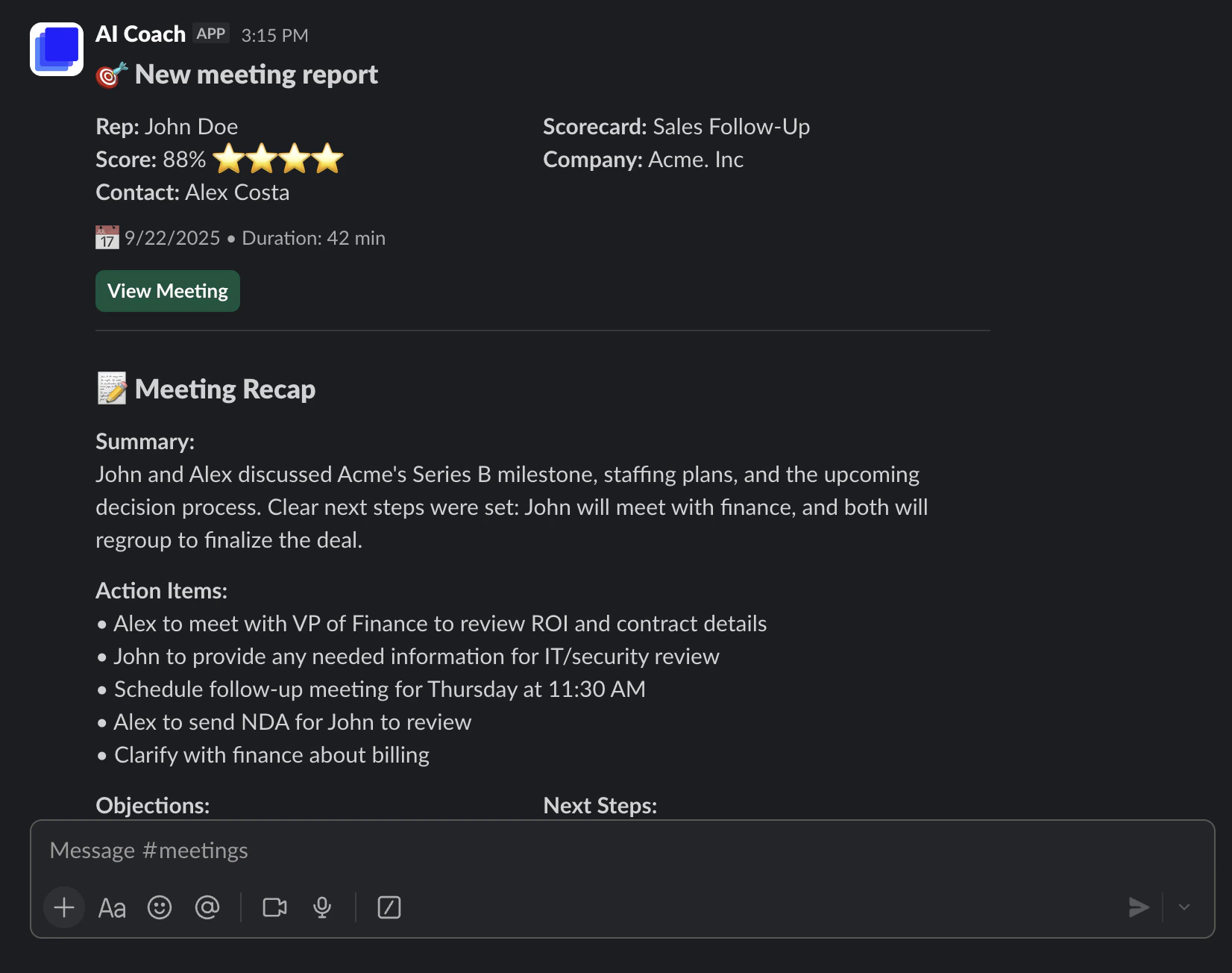 Example Slack notification with deal insights
