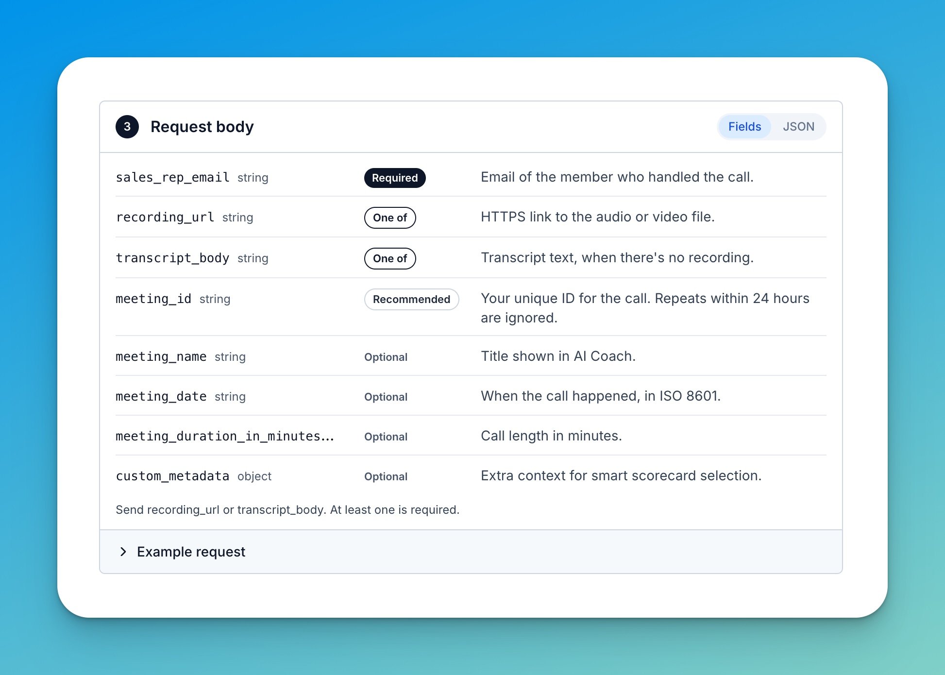 Request body fields in the webhook trigger settings