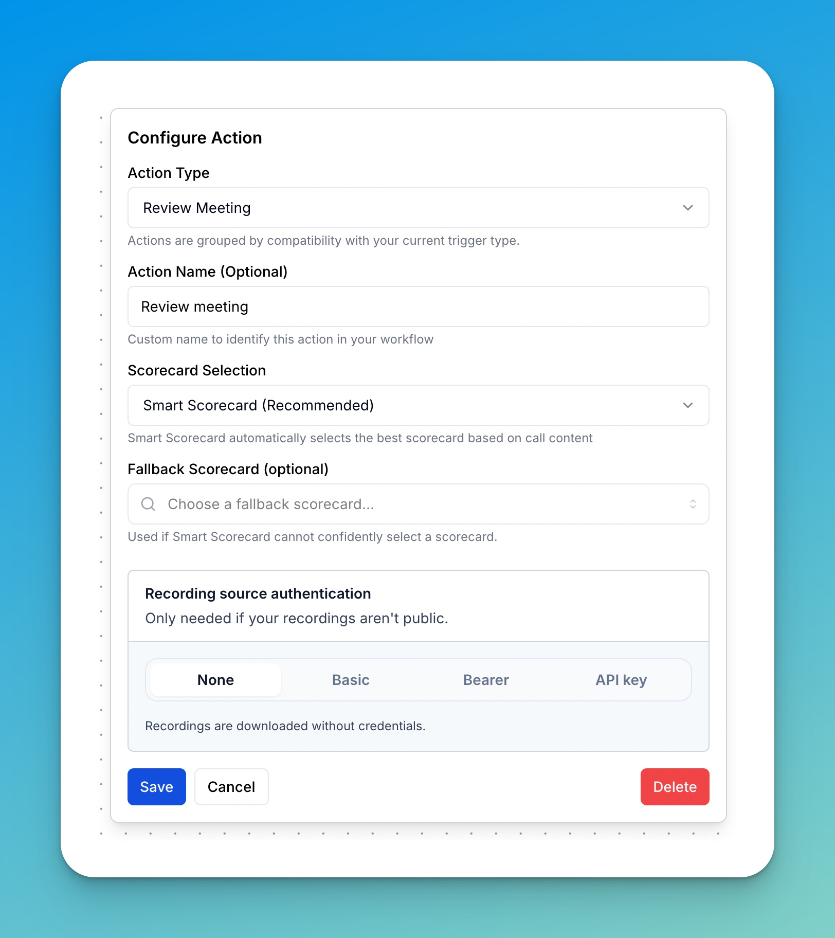 Review Meeting action with Smart Scorecard and recording source authentication set to None
