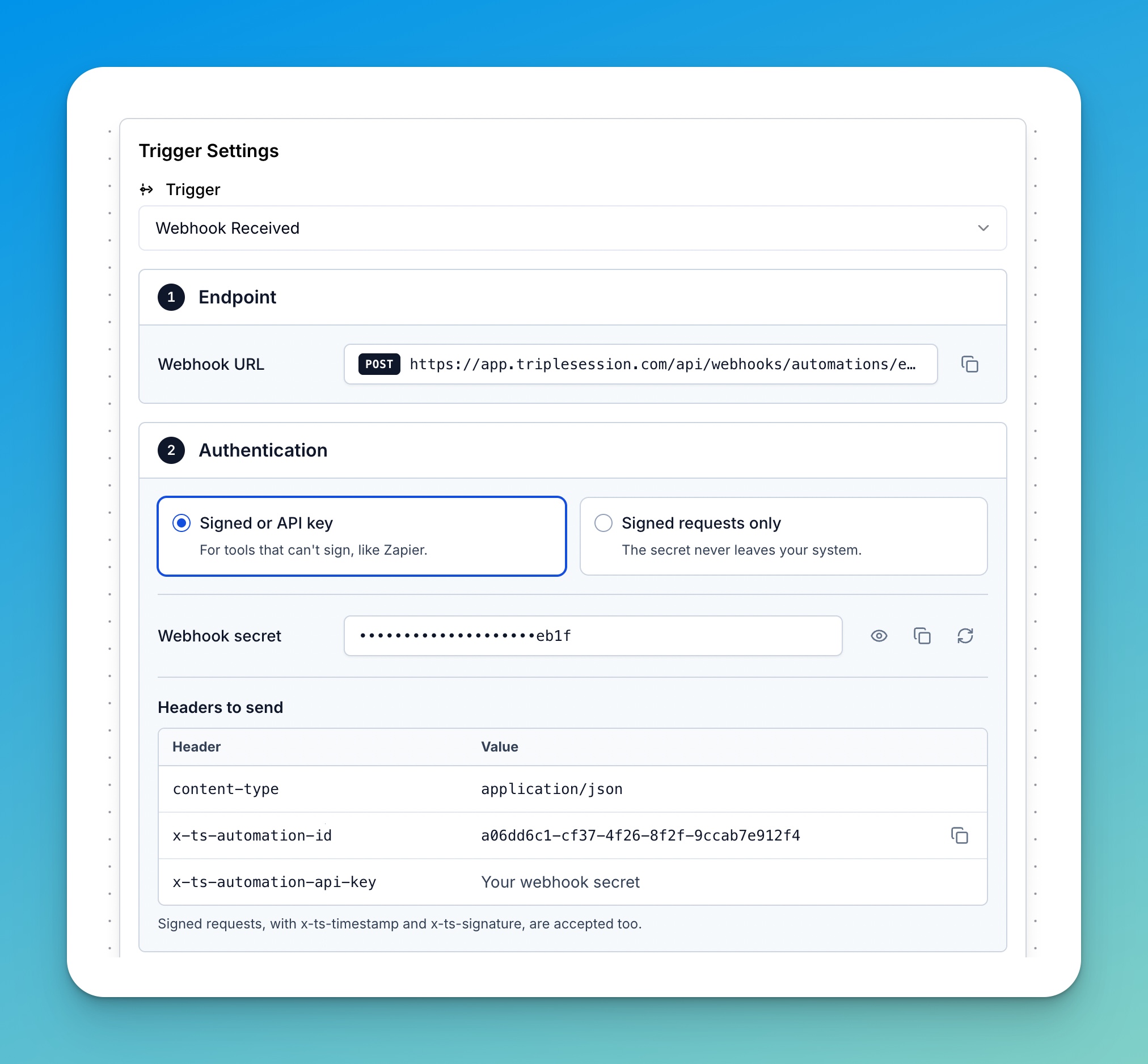 Webhook trigger settings with the Endpoint, the webhook secret and the headers to send