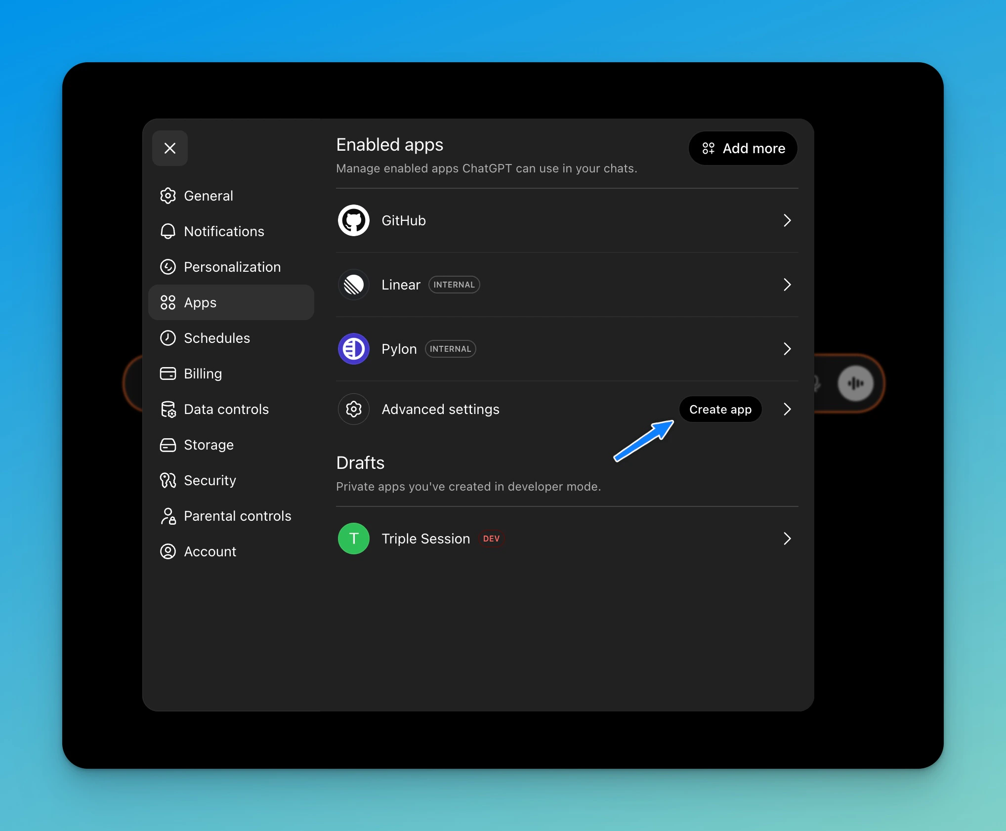 ChatGPT Settings Apps panel showing the Create app button under Advanced settings