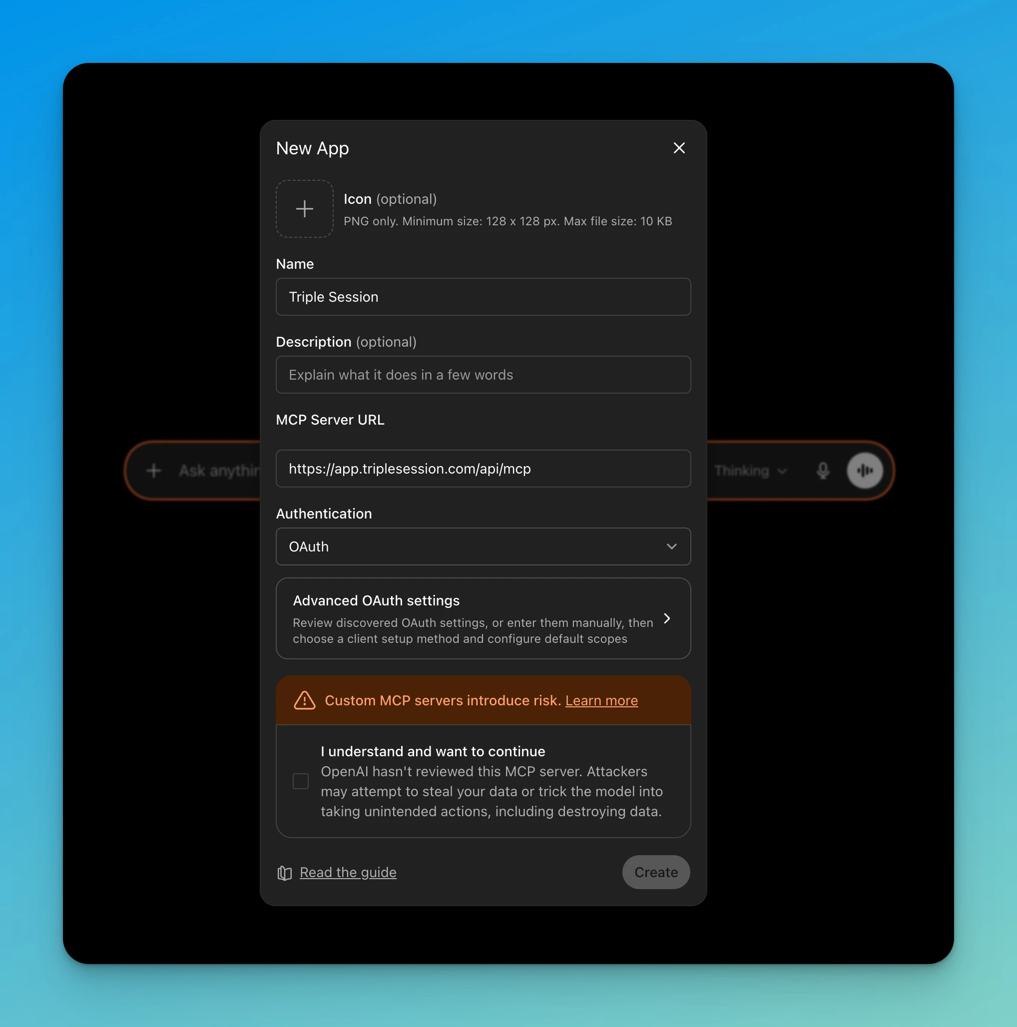 ChatGPT New App dialog with Triple Session name, MCP URL, and OAuth authentication configured
