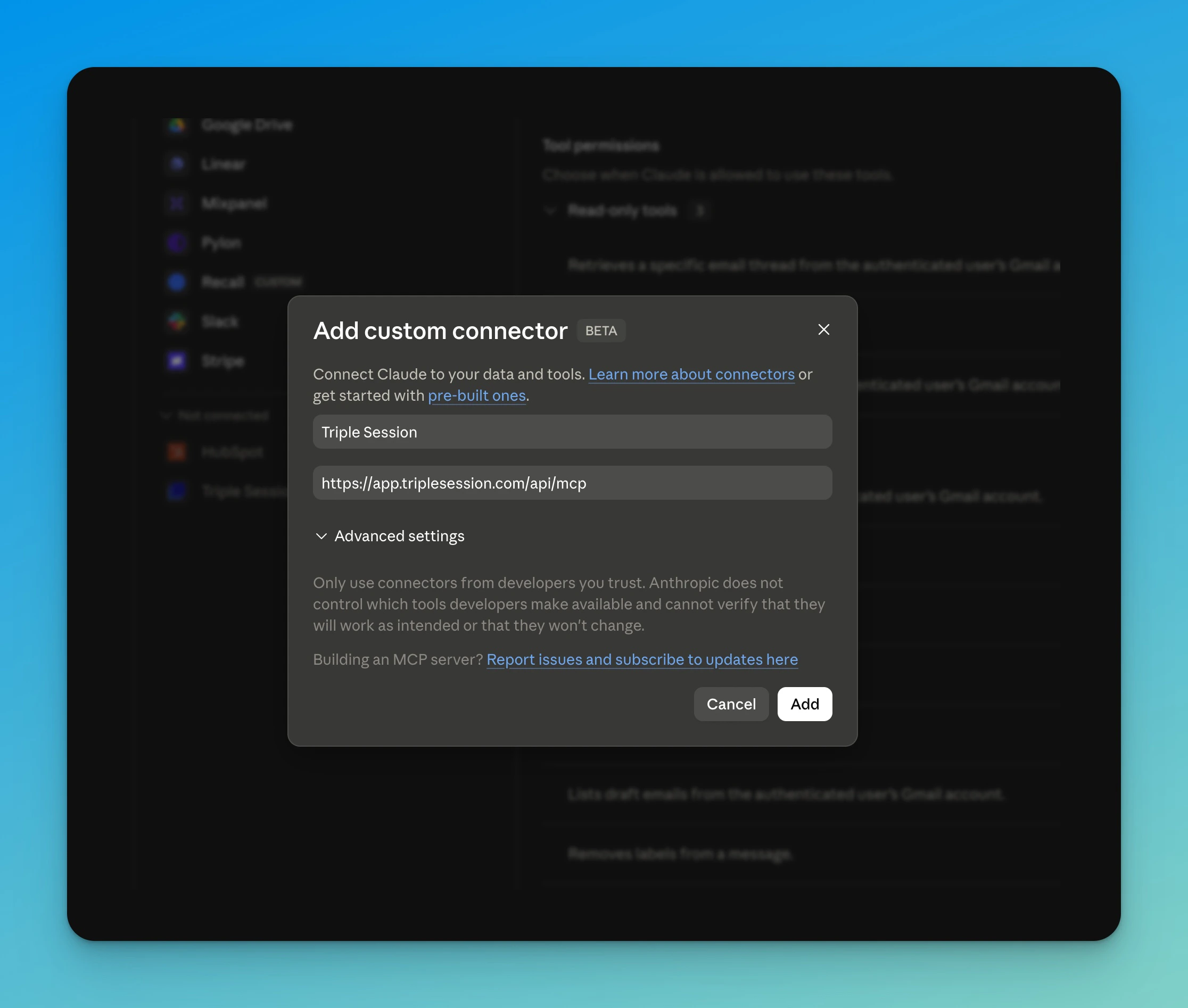 Add custom connector dialog in Claude with Triple Session name and MCP URL filled in