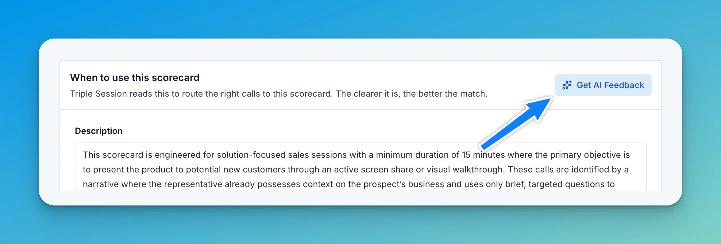 Get AI Feedback button highlighted on the When to use this scorecard panel