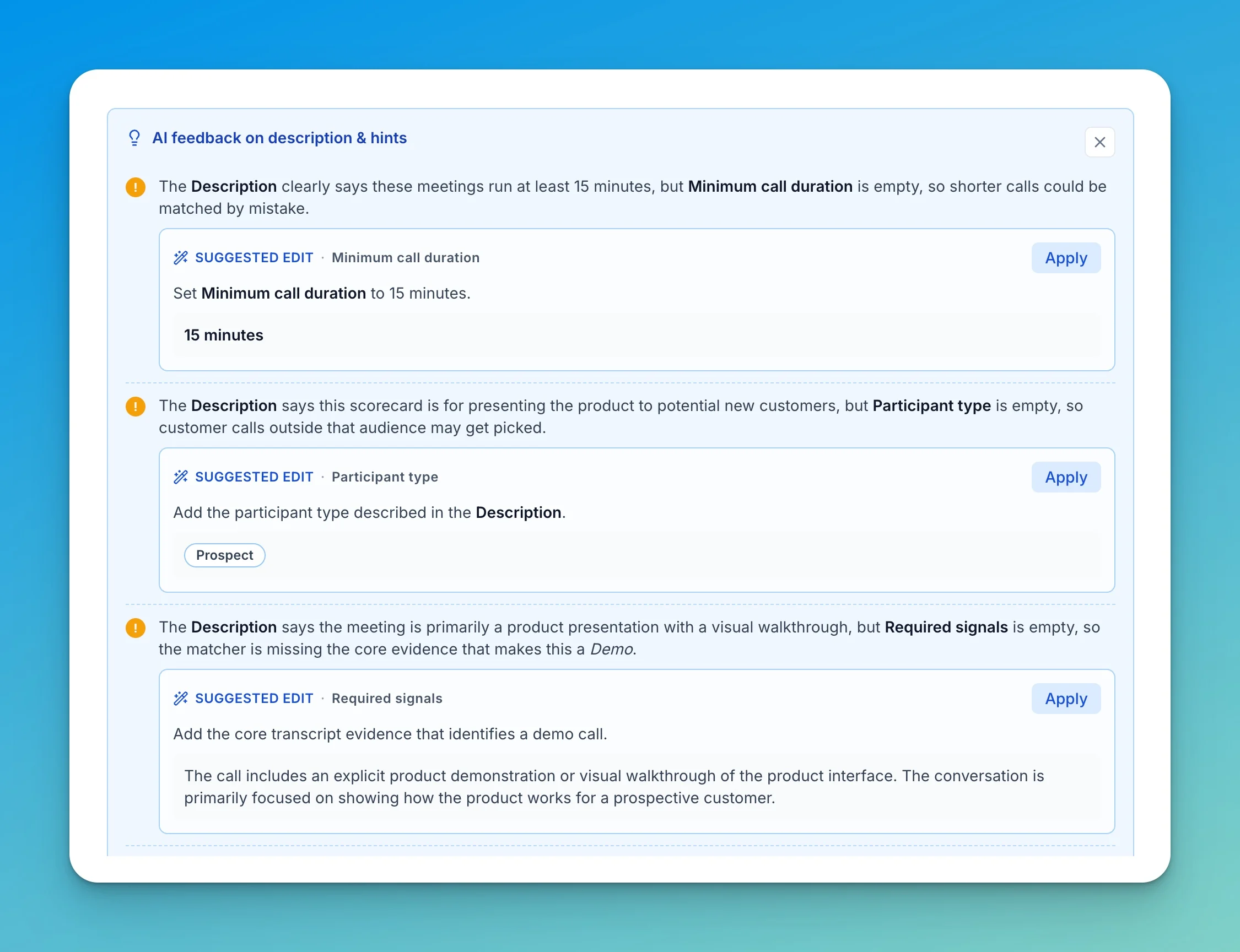 AI feedback panel listing suggested edits for Minimum call duration, Participant type, and Required signals, each with an Apply button