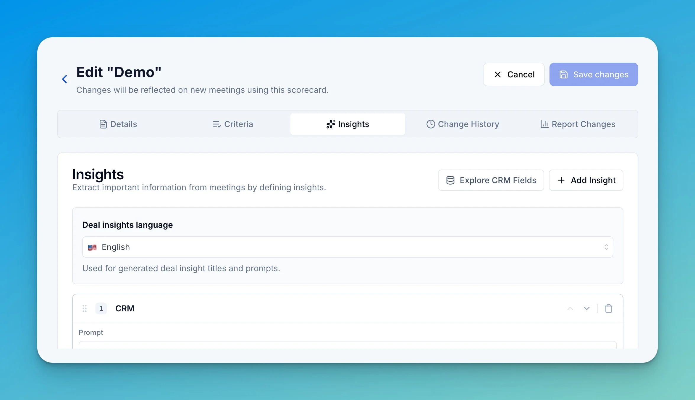 Insights language selector on the scorecard Insights tab