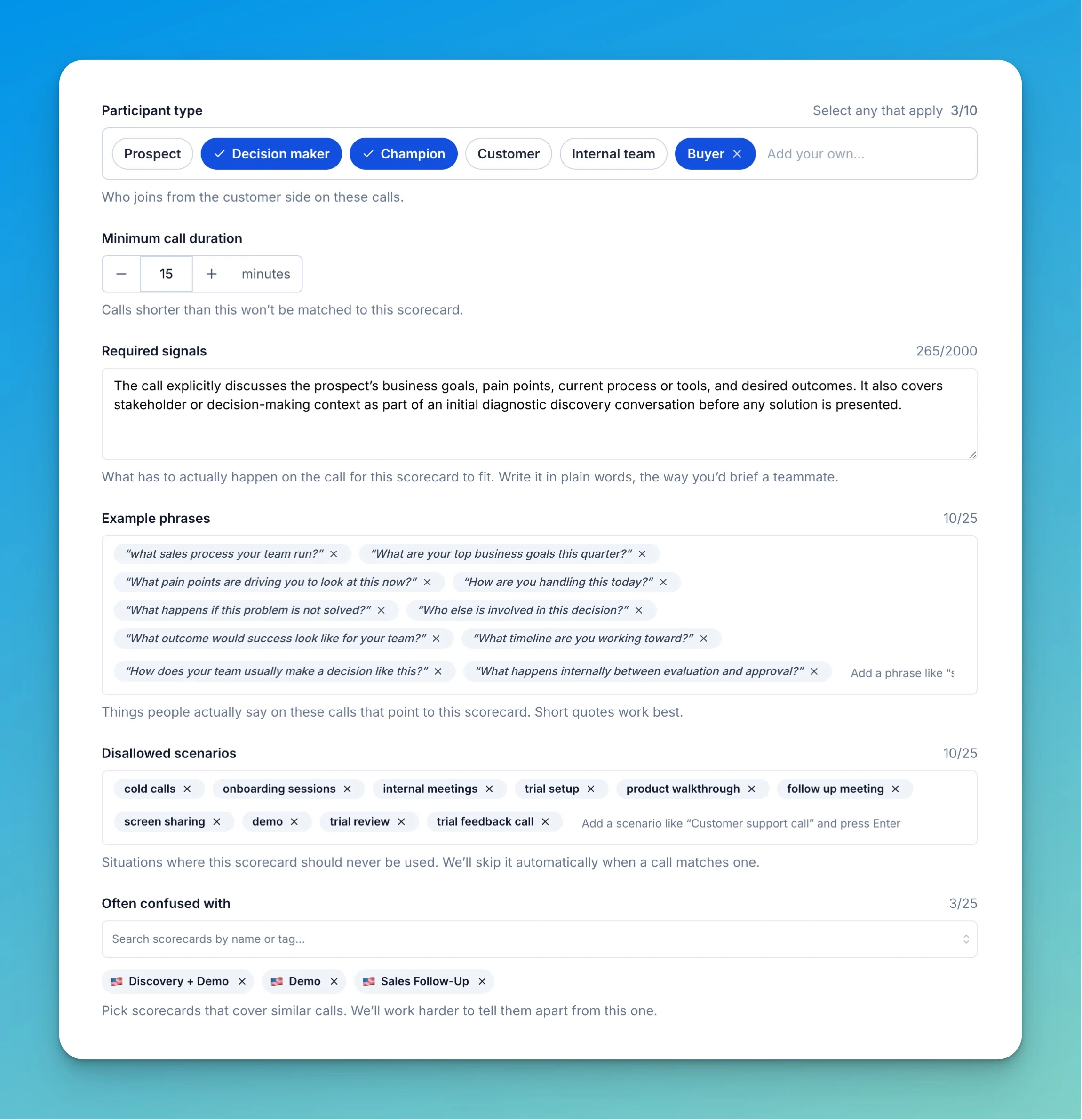 Smart selection hints fields — Call stage, Participant type, Minimum call duration, Required signals, Example phrases, Disallowed scenarios, and Often confused with