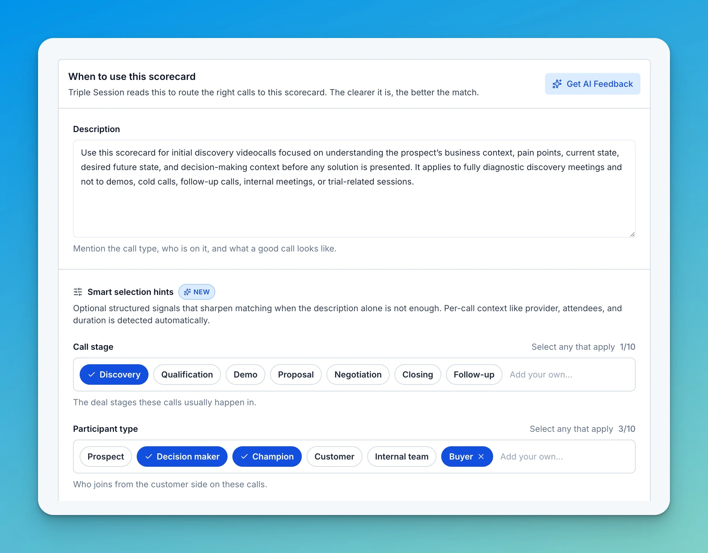 Smart selection hints — Call stage, Participant type, Minimum call duration, Required signals, Example phrases, Disallowed scenarios, and Often confused with
