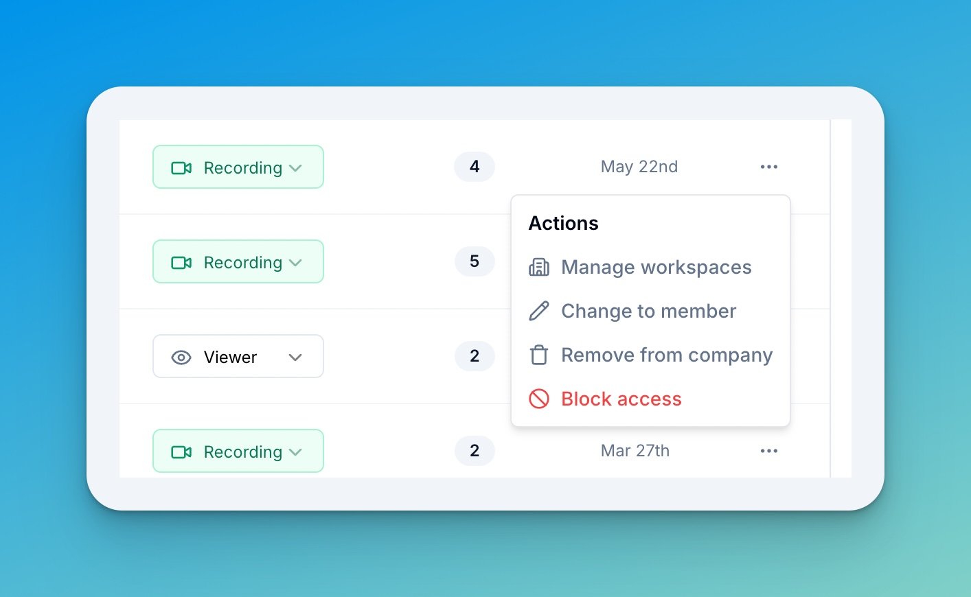 Member actions menu with Manage workspaces, Change to member, Remove from company, and Block access