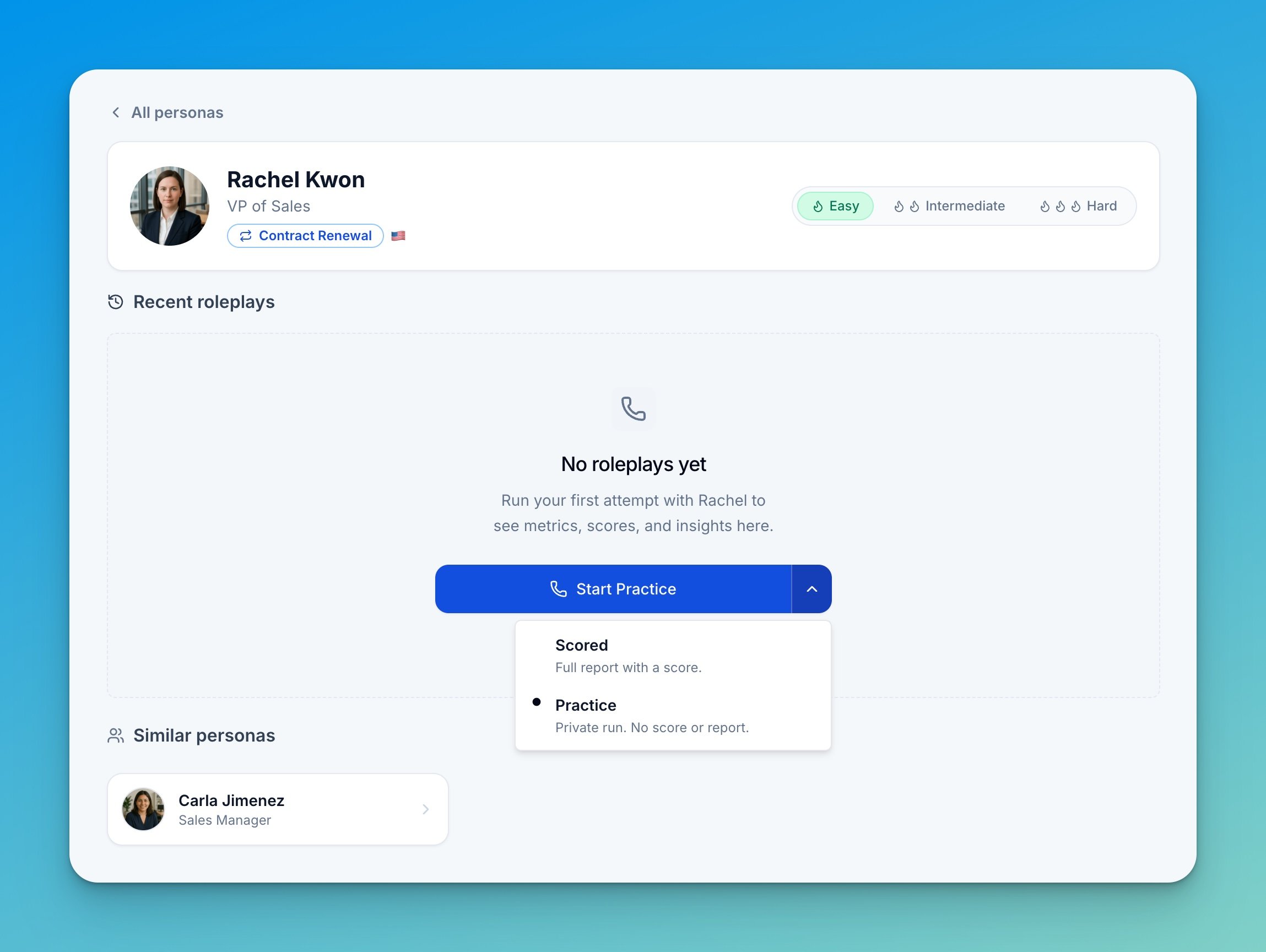 Start Practice button with the mode picker — Scored (full report with a score) or Practice (private run, no score or report)