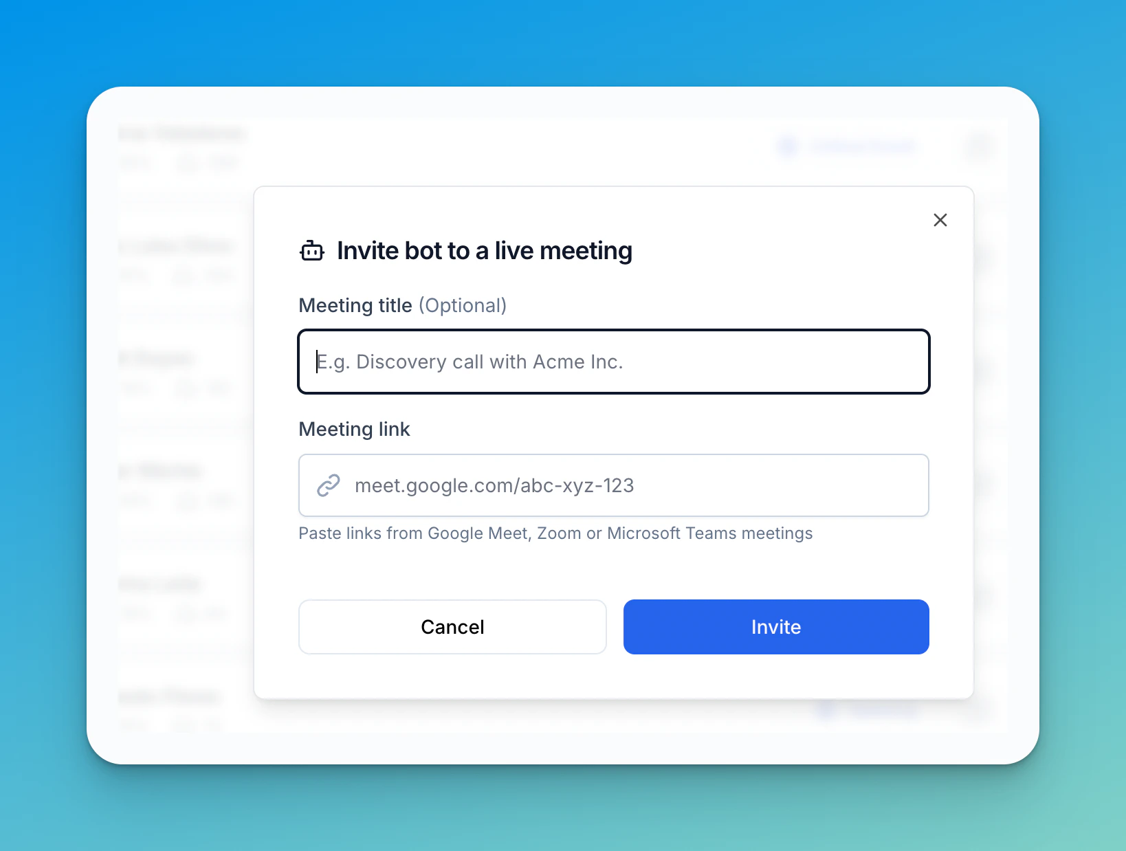 Invite bot to a live meeting dialog