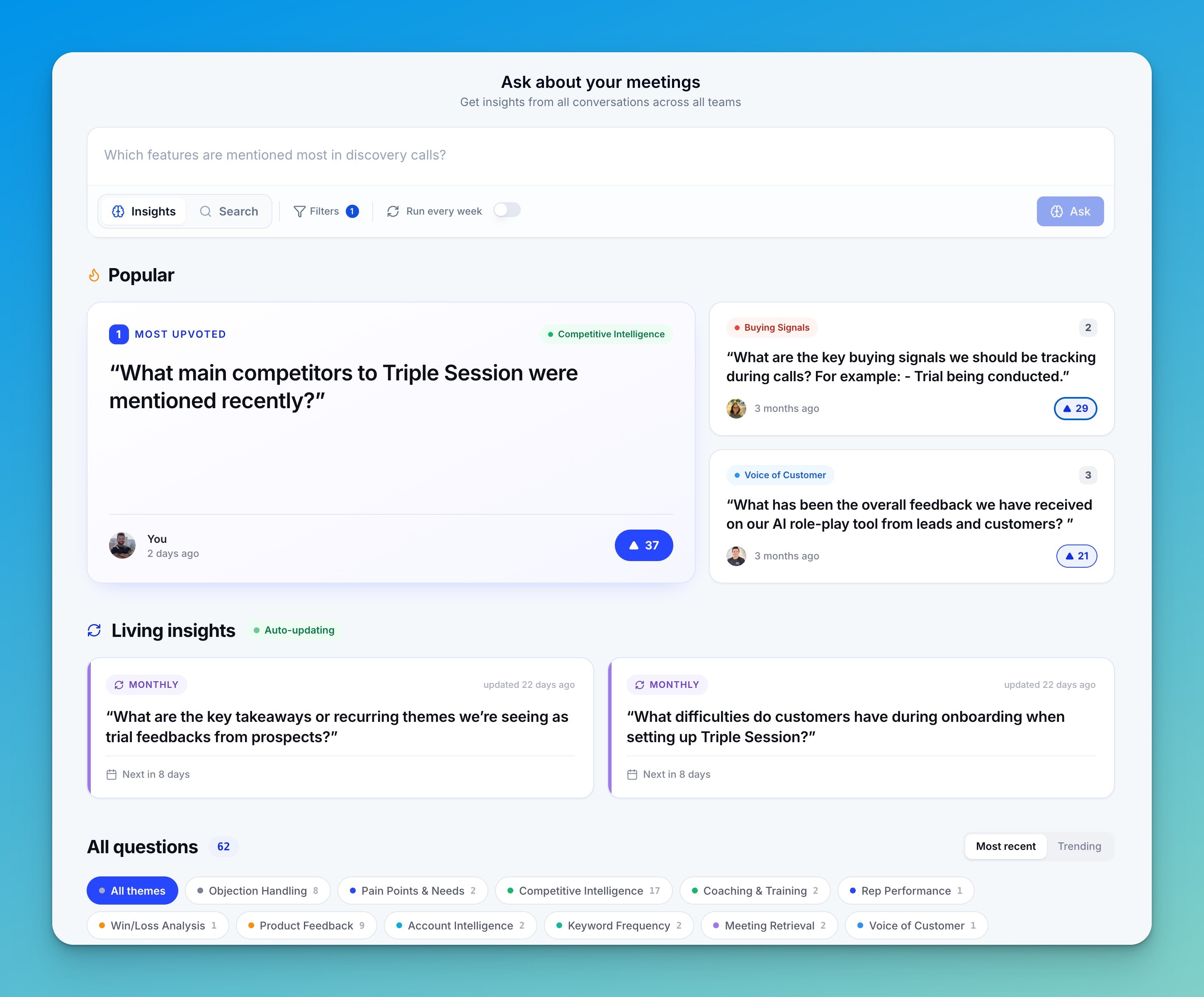 Team Insights page showing Popular questions, auto-updating Living insights, and questions grouped by topic